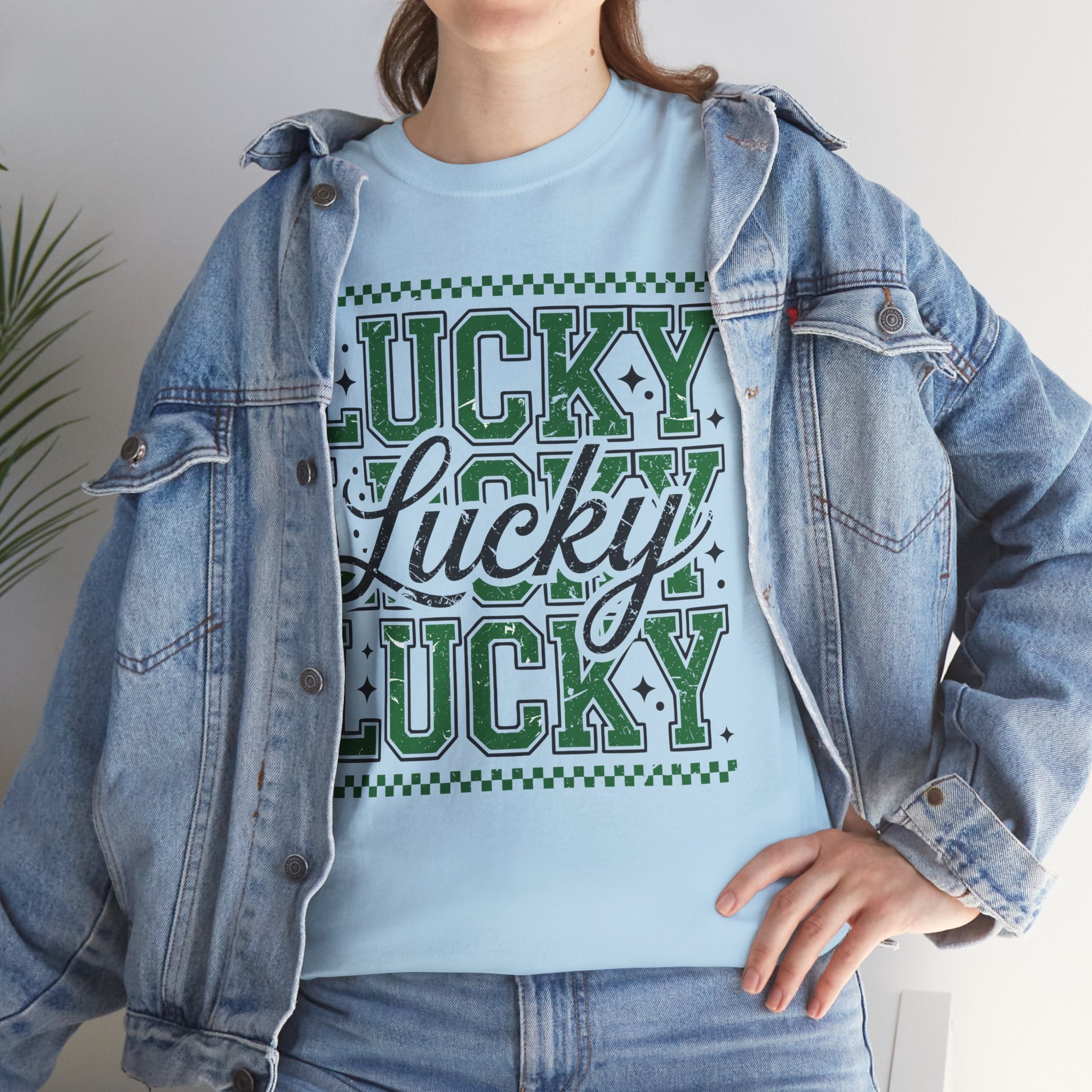 Lucky Varsity Tee — Layered Green ‘Lucky’ Graphic Unisex Cotton Tee