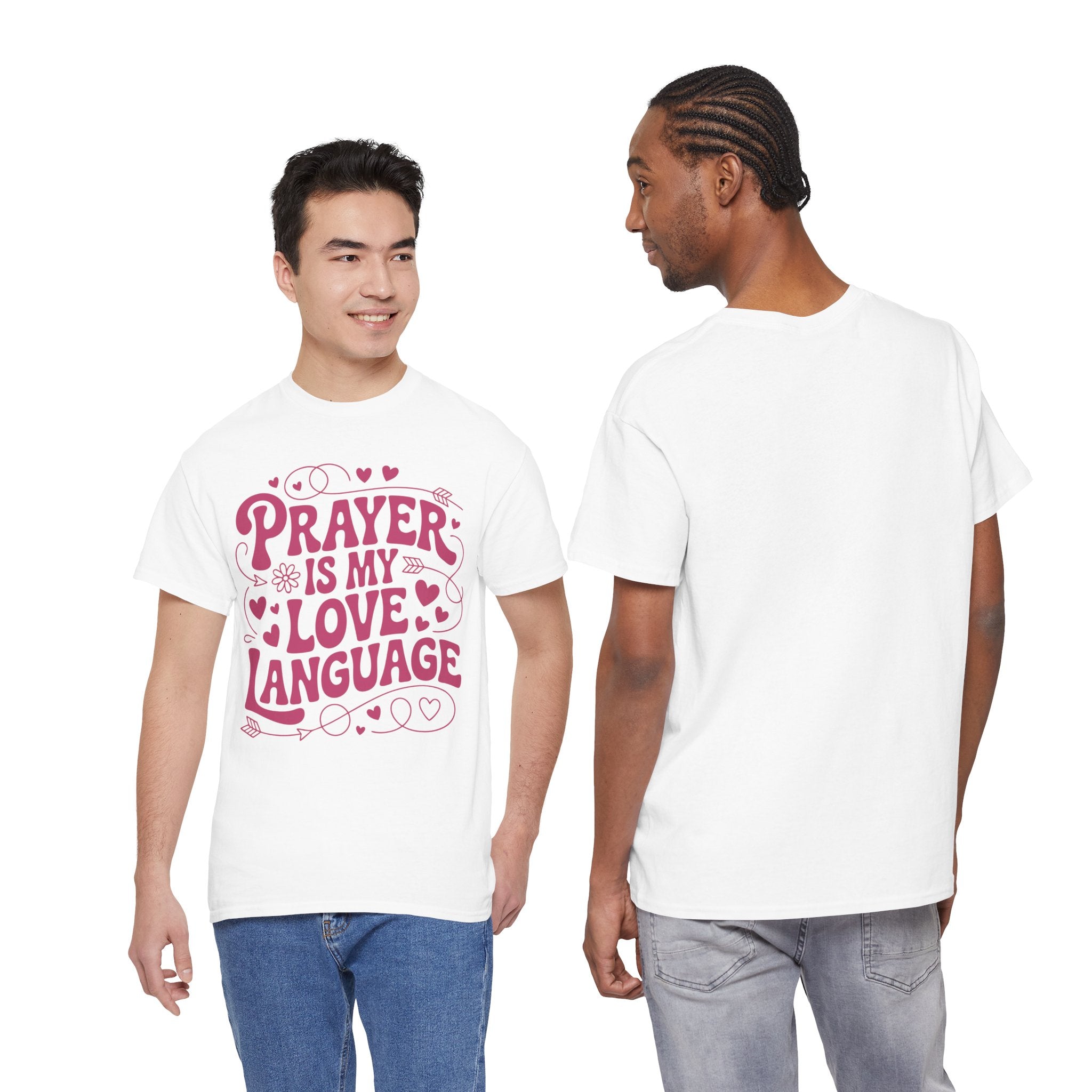 Prayer Is My Love Language Christian Tee — Pastel Pink Hearts Unisex Cotton Tee