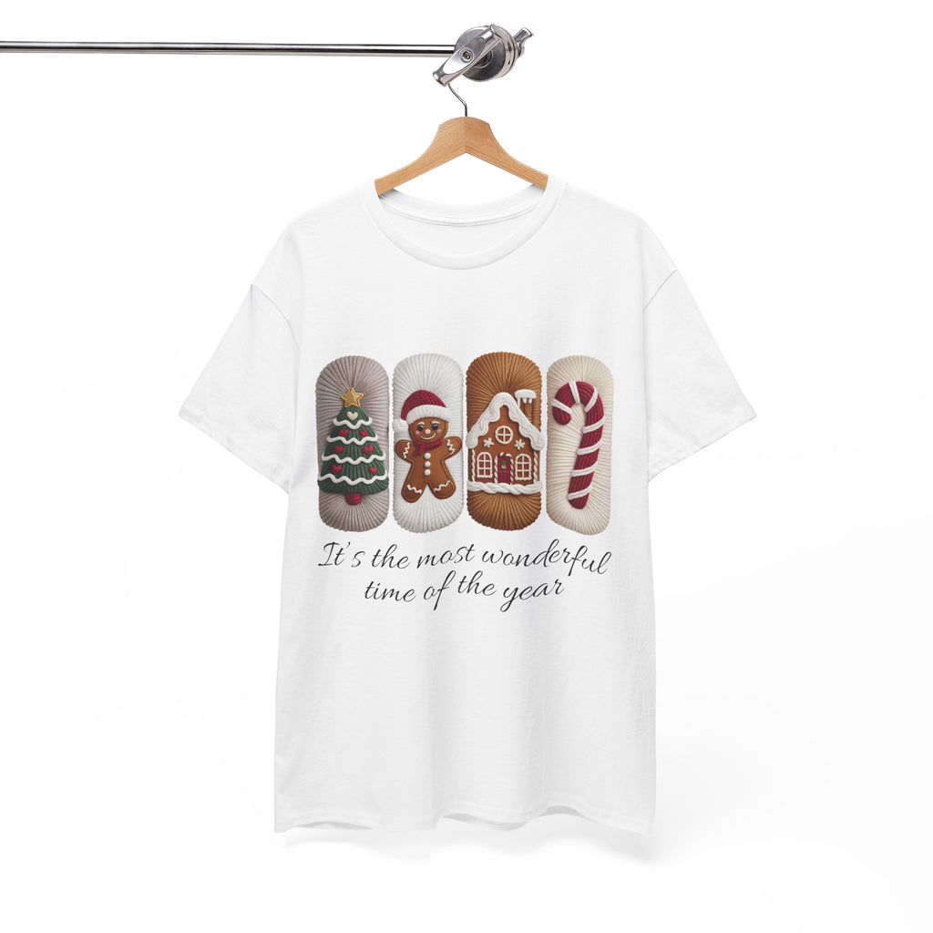 Christmas Faux-Yarn Tree Tee — Gingerbread House & Candy Cane Holiday Unisex Cotton T-Shirt