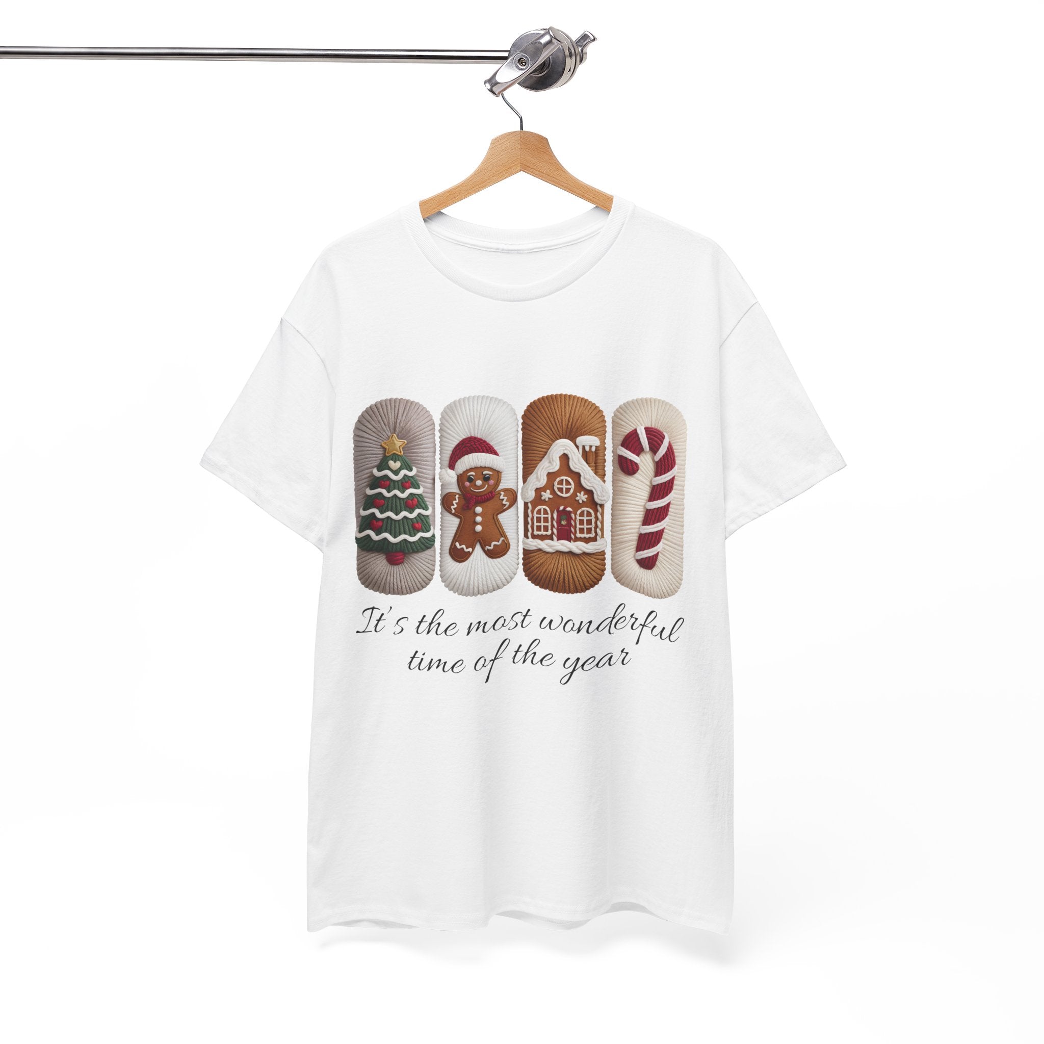 Christmas Faux-Yarn Tree Tee — Gingerbread House & Candy Cane Holiday Unisex Cotton T-Shirt