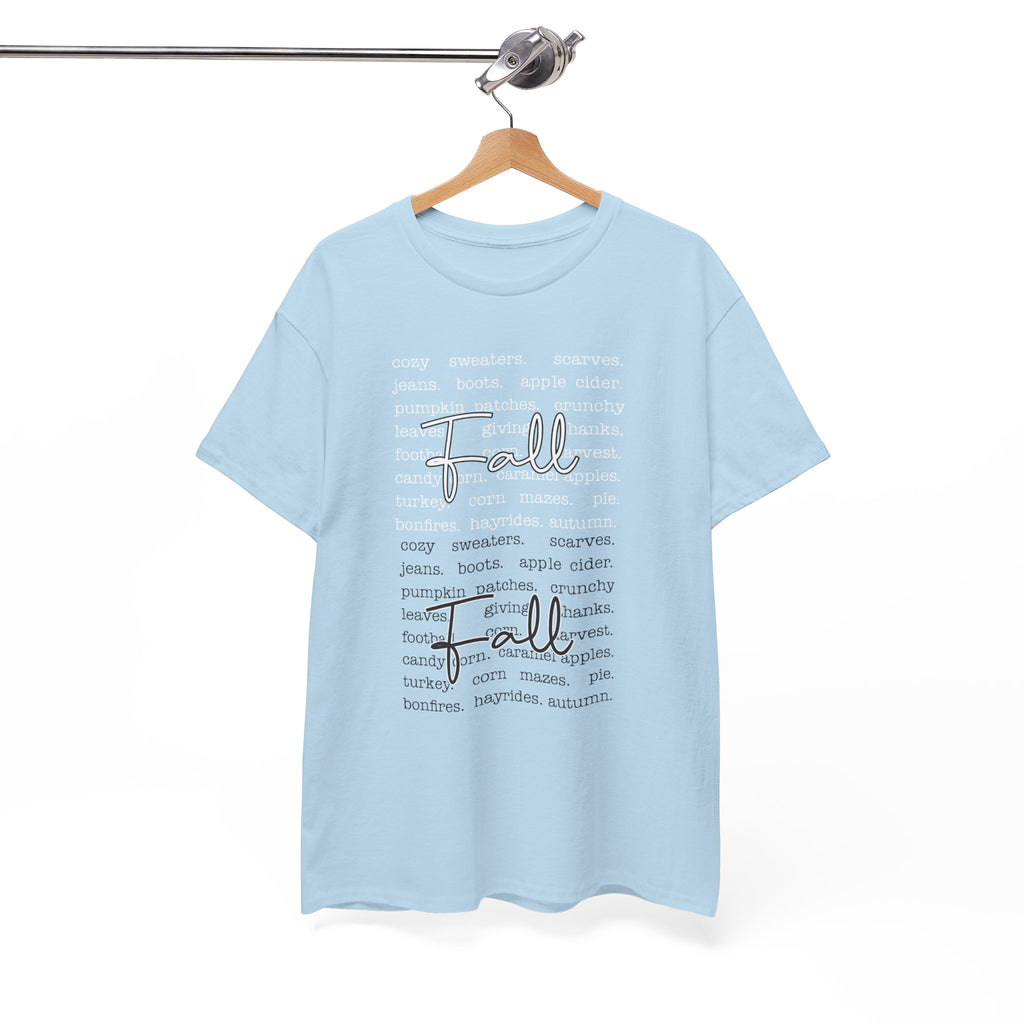 Fall Cursive Typography T-Shirt — Sweaters, Cider & Pumpkins. Unisex Cotton Tee