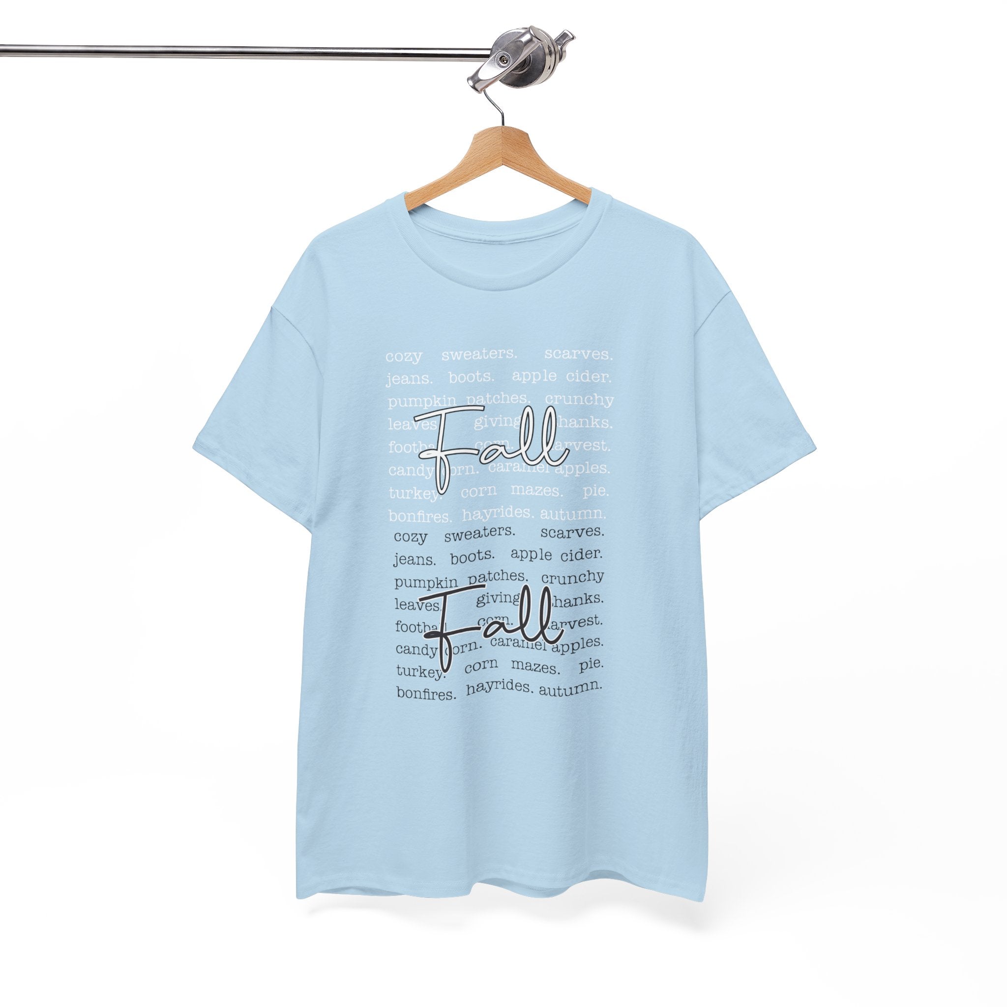 Fall Cursive Typography T-Shirt — Sweaters, Cider & Pumpkins. Unisex Cotton Tee