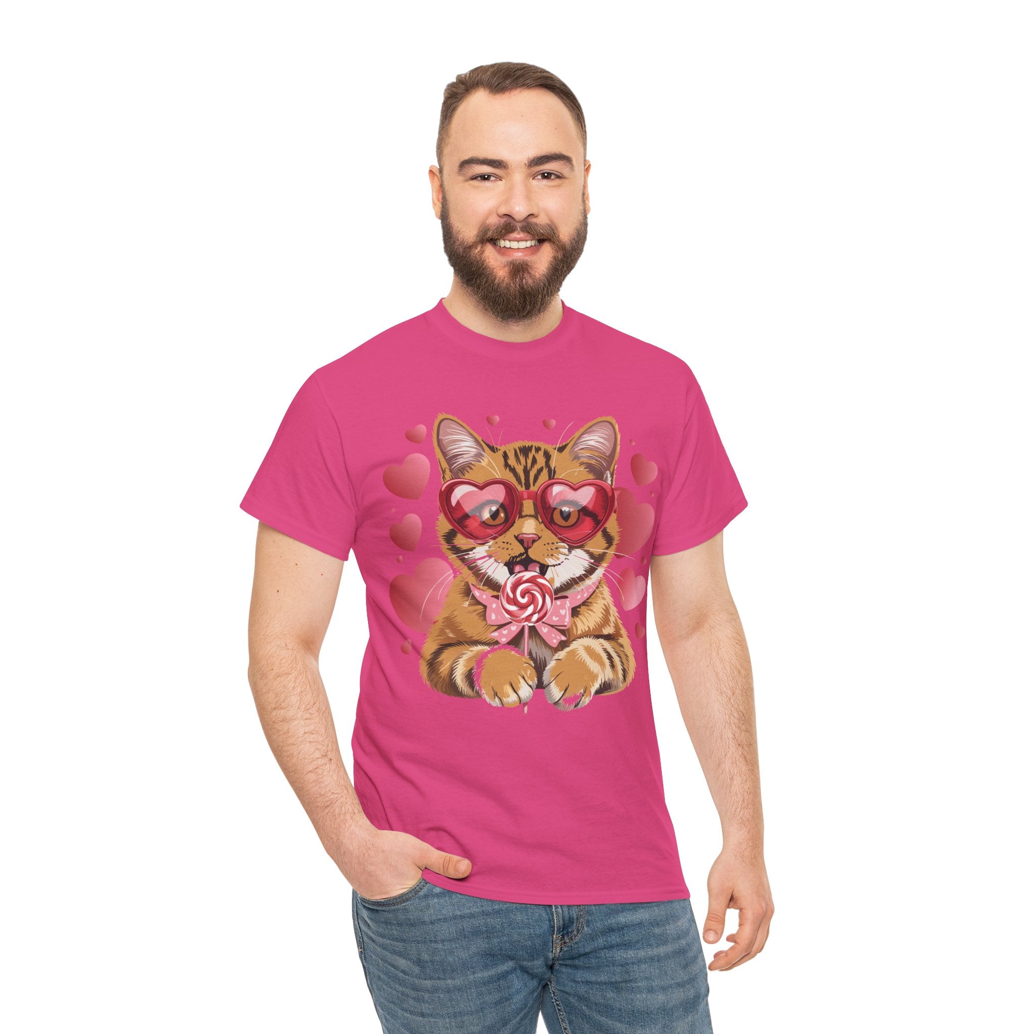 Valentine Cat Tee — Heart Glasses, Lollipop Bow Unisex Cotton Tee
