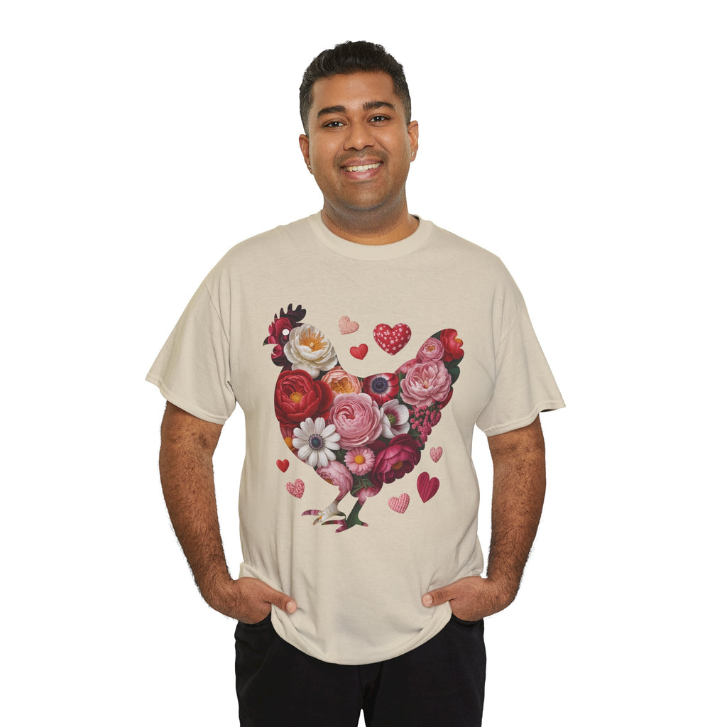 Floral Chicken Heart Tee — Red & Pink Flower Silhouette Unisex Cotton Tee
