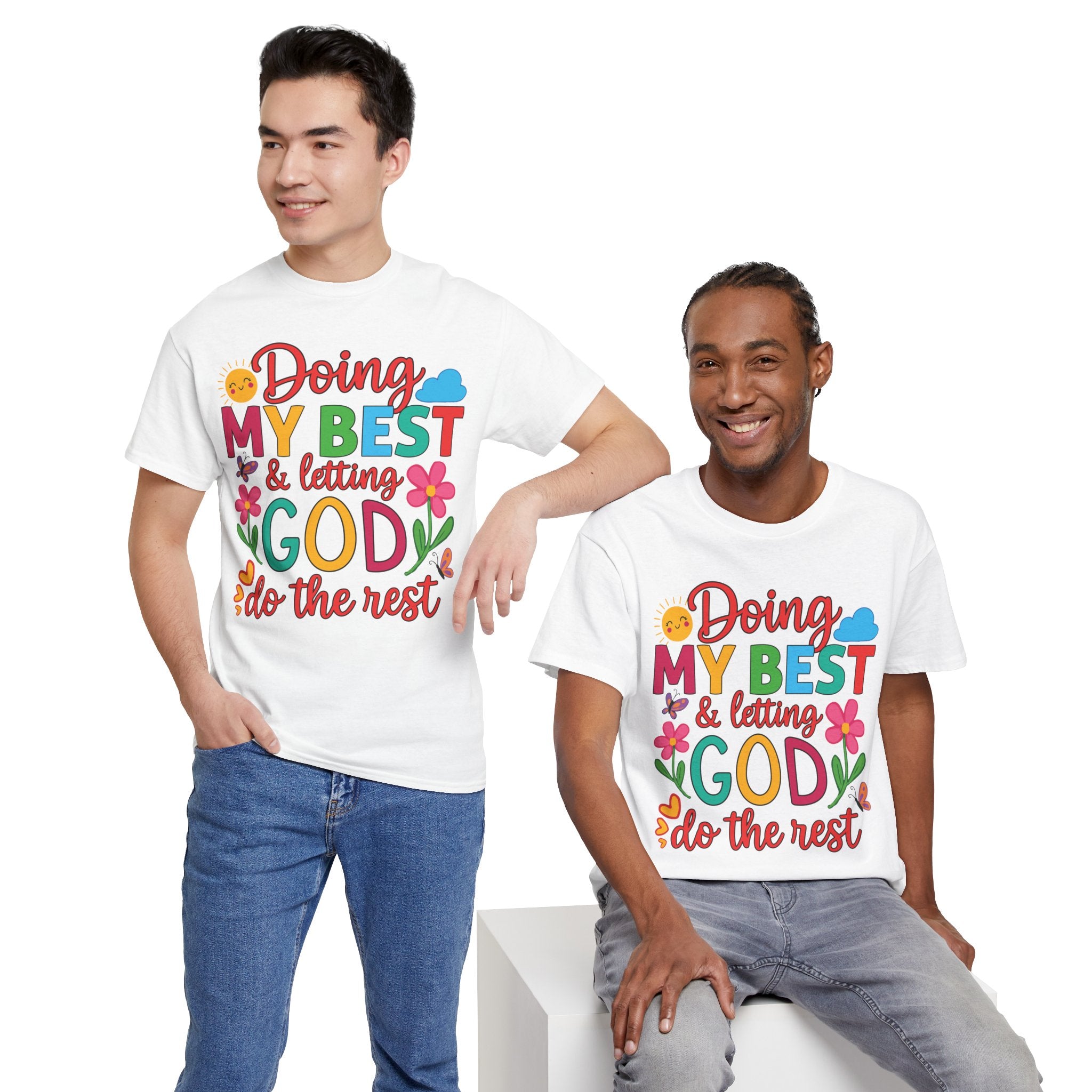 Doing My Best & Letting God Do The Rest T-Shirt — Floral Sun & Butterflies Inspirational Unisex Cotton Tee