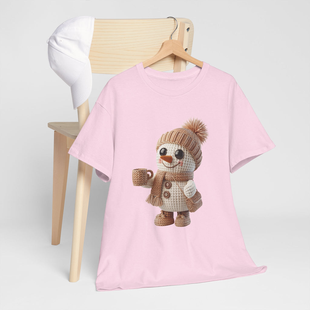 Cozy Snowman Tee — Smiling Snowman with Mug, Scarf & Beanie. Unisex Cotton Tee