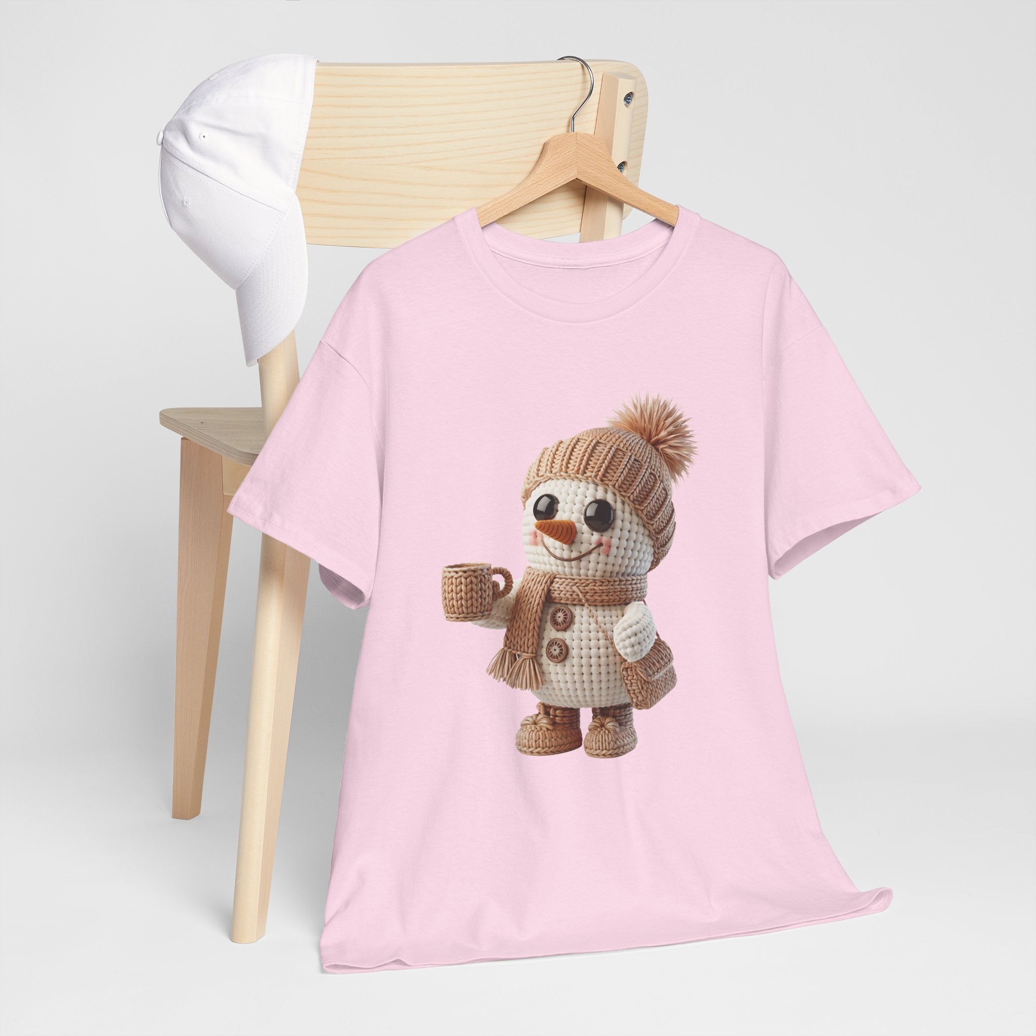 Cozy Snowman Tee — Smiling Snowman with Mug, Scarf & Beanie. Unisex Cotton Tee
