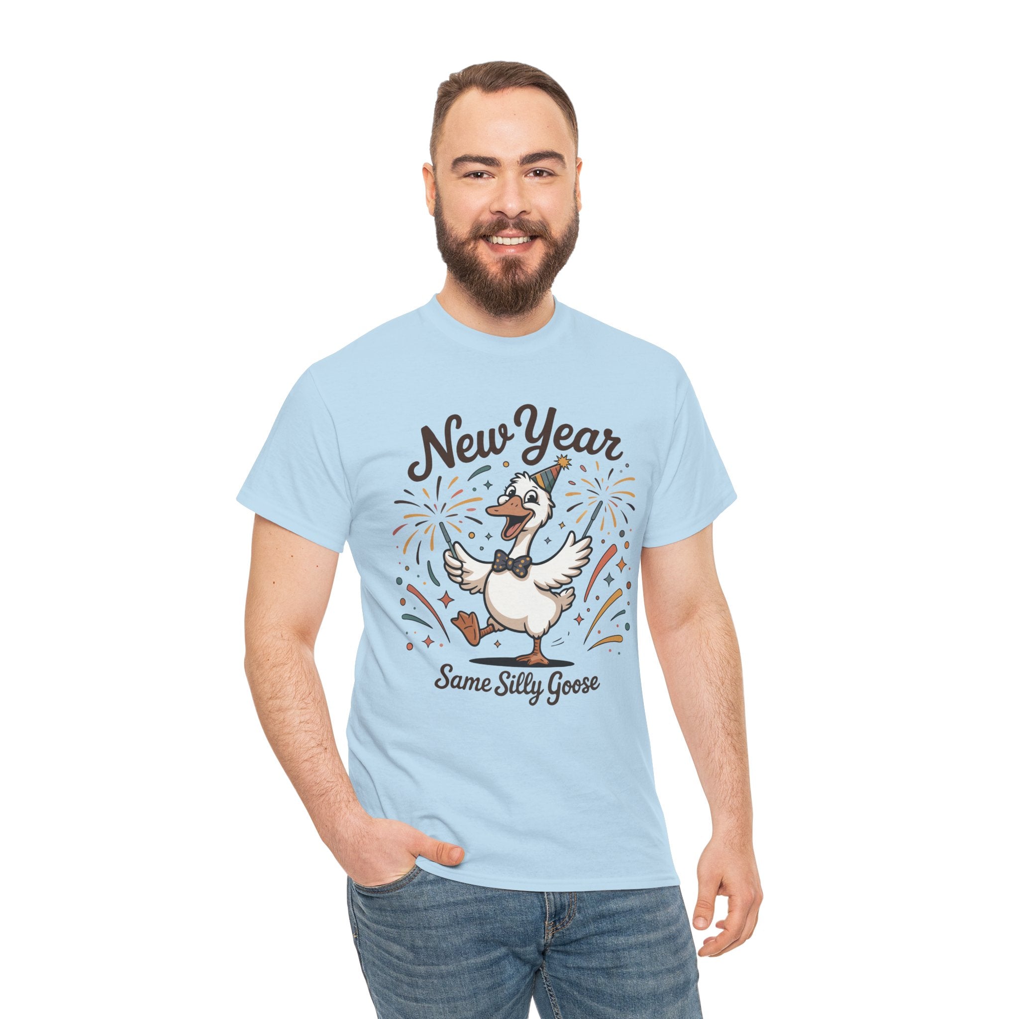 Happy Goose New Year T-Shirt — Party Hat, Fireworks & Confetti Unisex Cotton Tee
