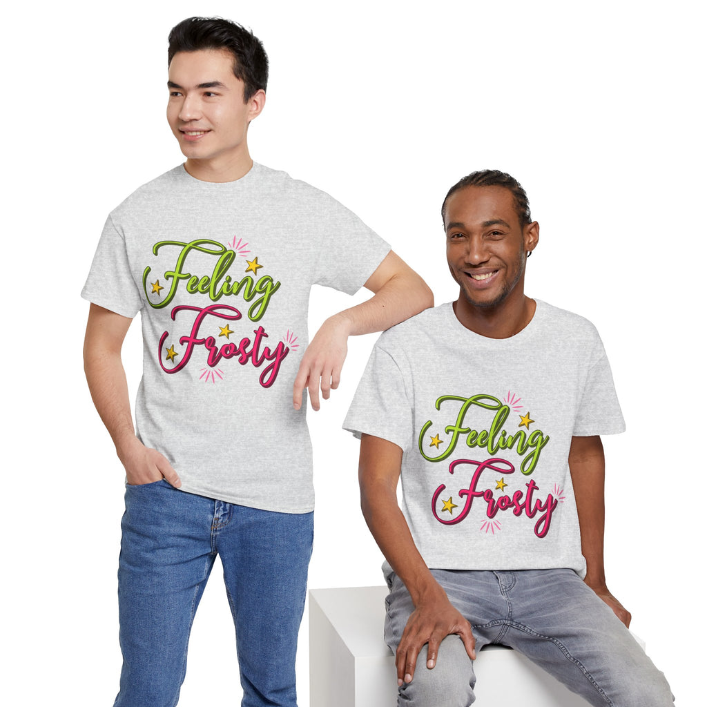 Feeling Frosty Holiday T-Shirt — Green & Pink Script Stars.Unisex Cotton Tee