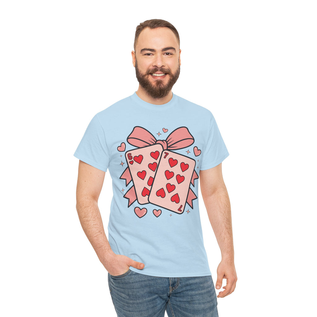 6 & 7 of Hearts T-Shirt — Paired Playing Cards with Pink Bow Unisex Cotton Tee