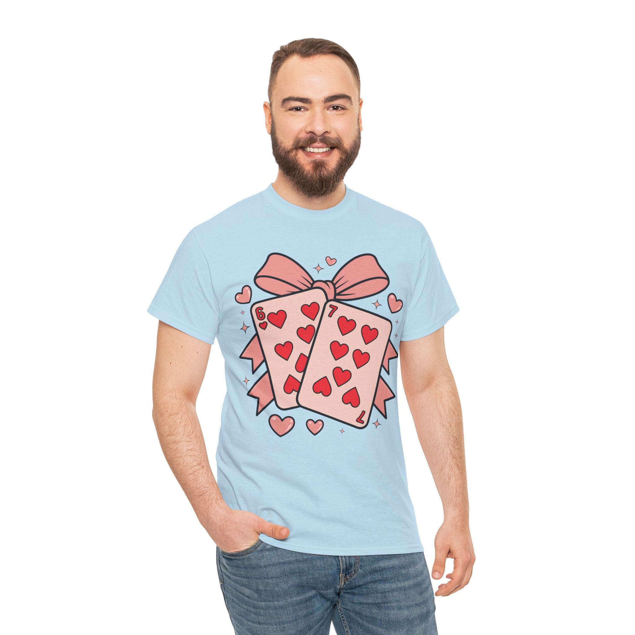 6 & 7 of Hearts T-Shirt — Paired Playing Cards with Pink Bow Unisex Cotton Tee