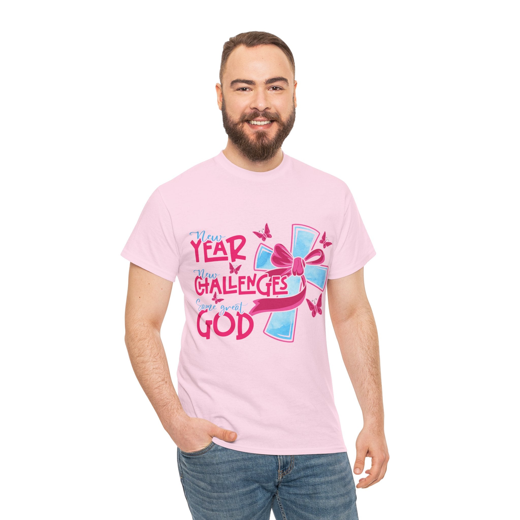 Christian T-Shirt — “New Year, New Challenges, Same Great God” with Pink Bow Cross & Butterflies. Unisex Cotton Tee