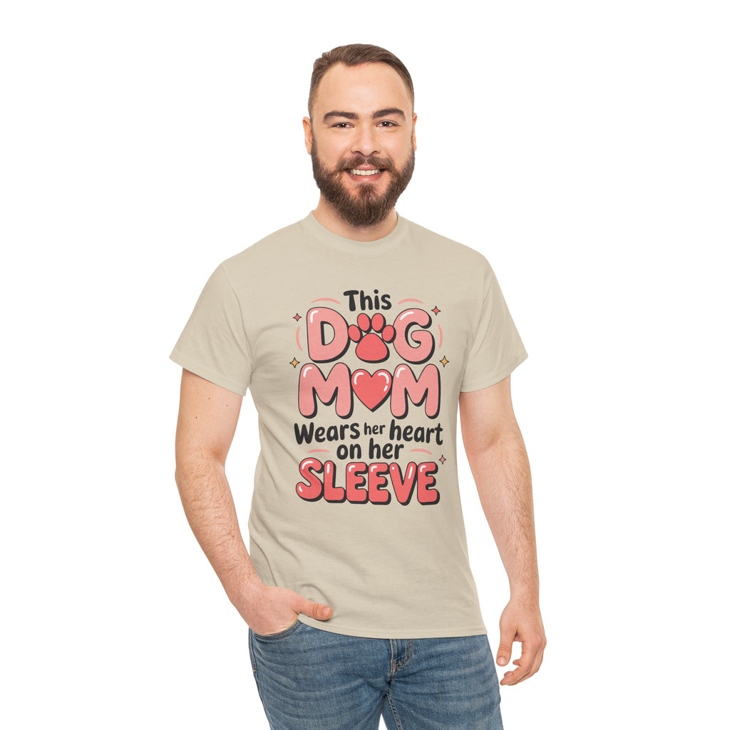 Dog Mom T-Shirt — "This Dog Mom Wears Her Heart on Her Sleeve" Paw & Heart Unisex Cotton Tee