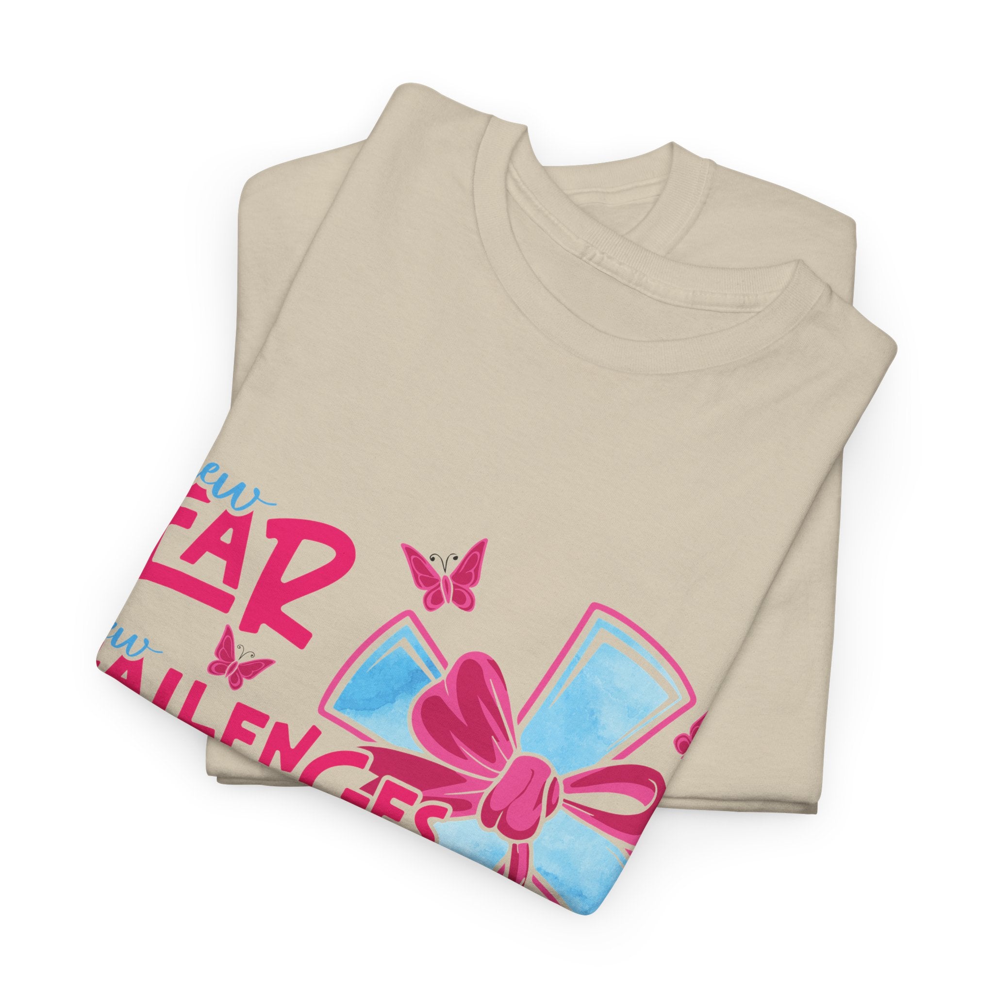 Christian T-Shirt — “New Year, New Challenges, Same Great God” with Pink Bow Cross & Butterflies. Unisex Cotton Tee