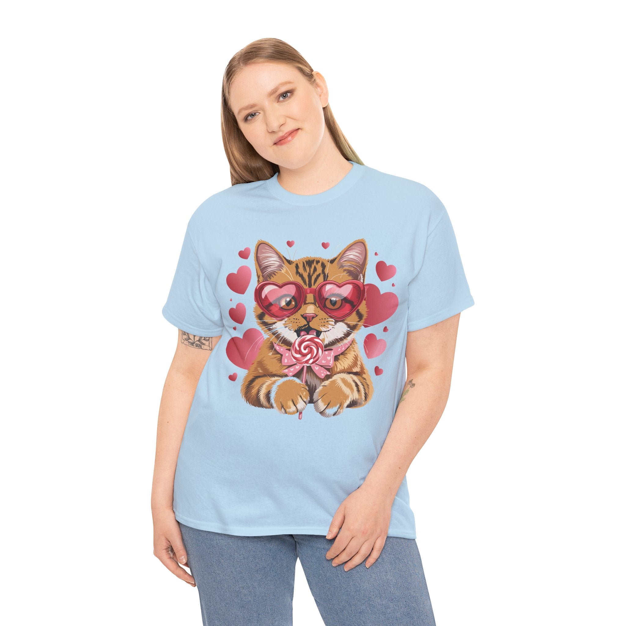 Valentine Cat Tee — Heart Glasses, Lollipop Bow Unisex Cotton Tee