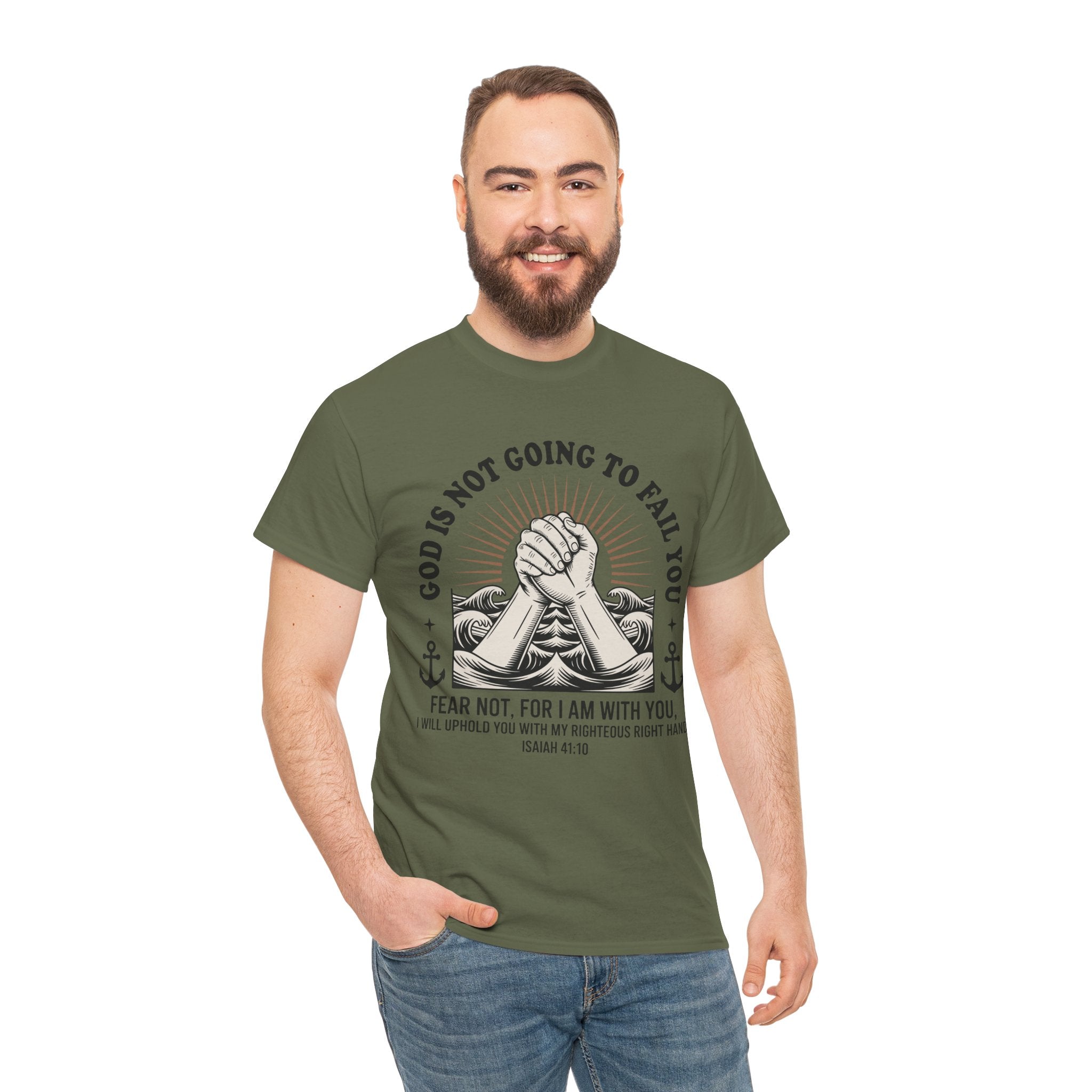 Isaiah 41:10 "Fear Not, For I Am With You" T-Shirt — Clasped Hands Rising from Waves Christian Unisex Cotton Tee