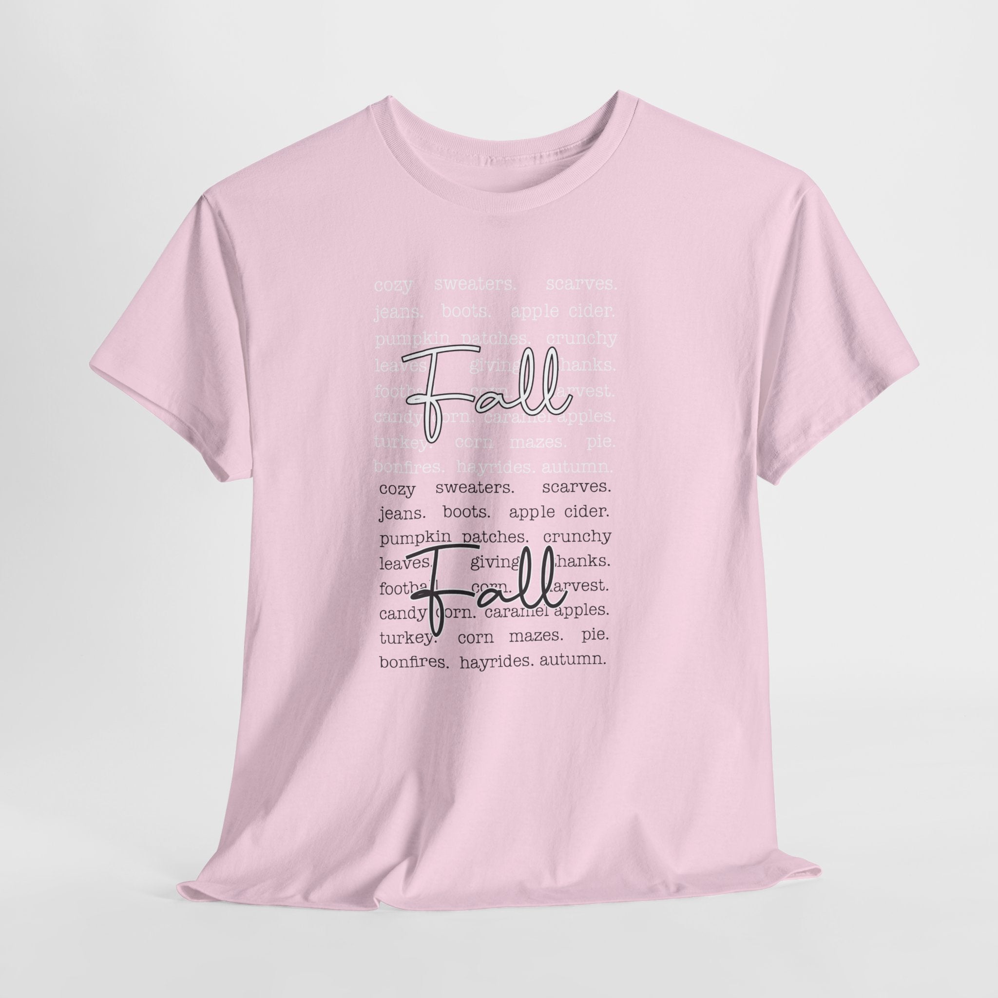 Fall Cursive Typography T-Shirt — Sweaters, Cider & Pumpkins. Unisex Cotton Tee