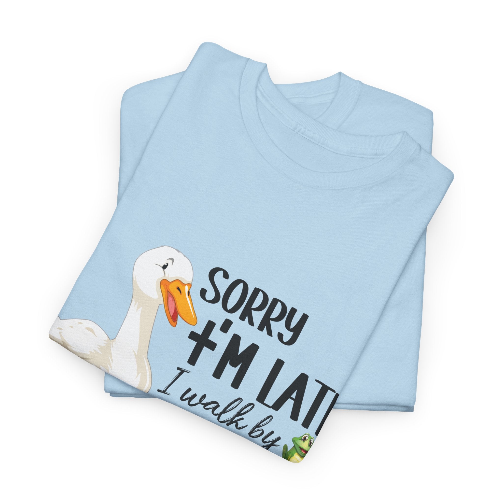Christian Humor T-Shirt — “Sorry I’m Late, I Walk by Faith Tripping Constantly” (Duck & Frog). Unisex Cotton Tee