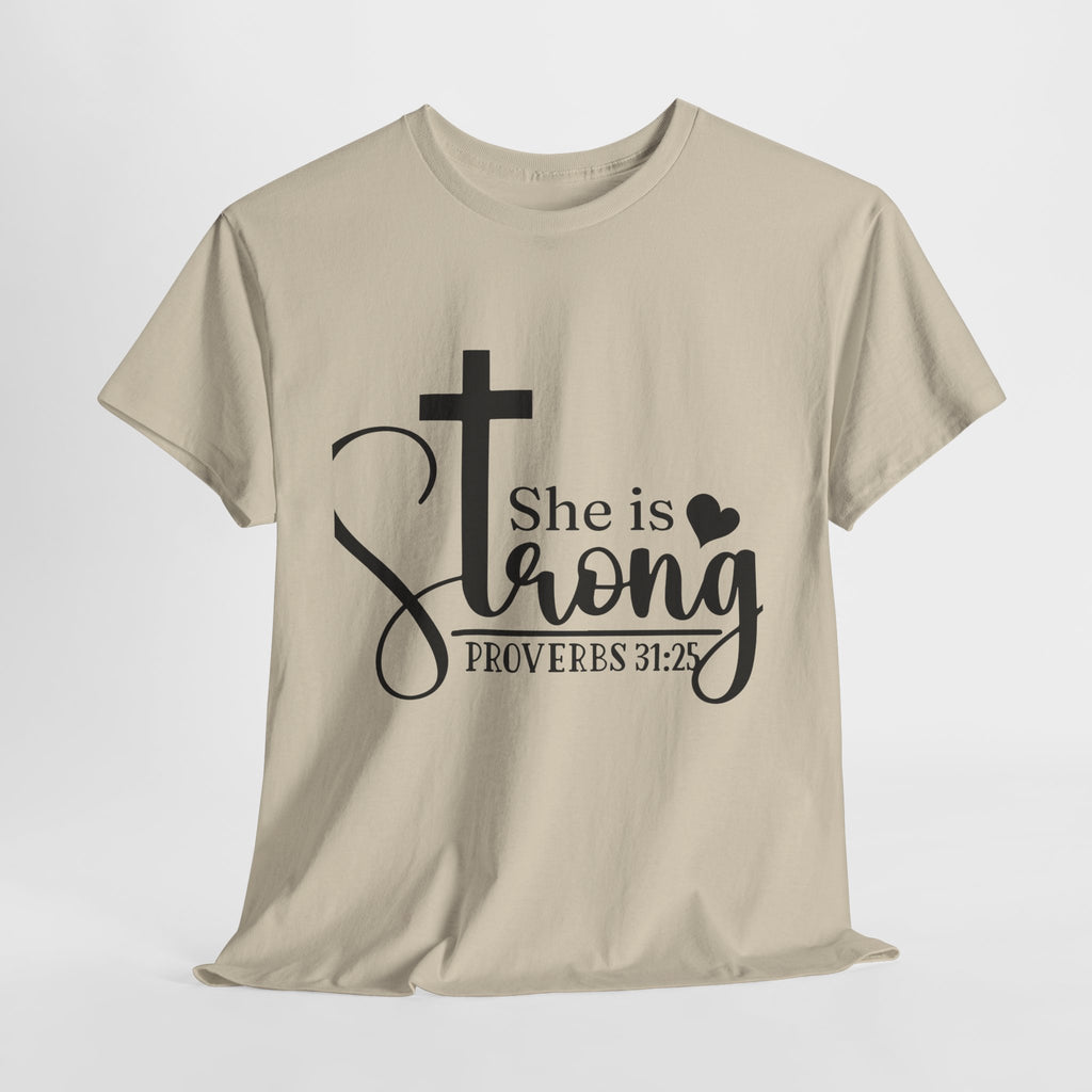 Proverbs 31:25 'She is Strong' T-Shirt – Christian Cross & Heart Unisex Cotton Tee