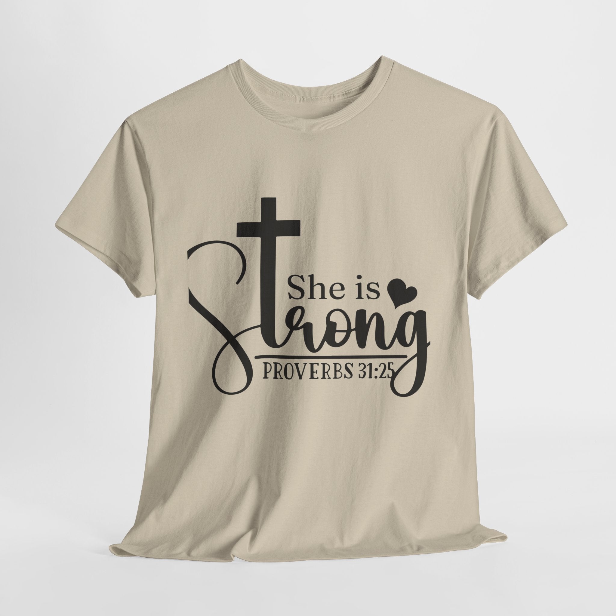 Proverbs 31:25 'She is Strong' T-Shirt – Christian Cross & Heart Unisex Cotton Tee