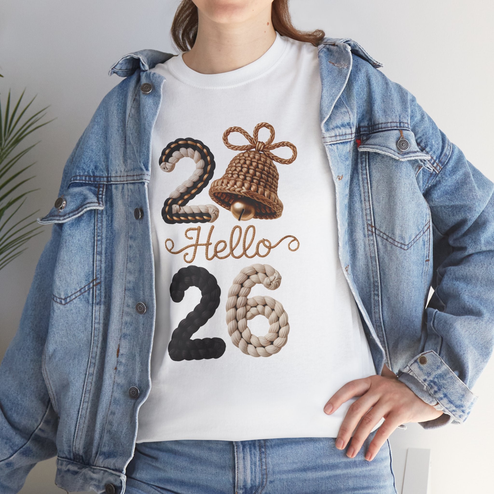 Hello 2026 Tee — Cozy Faux Yarn Braided Numbers with Woven Golden Bell..Unisex Cotton Tee