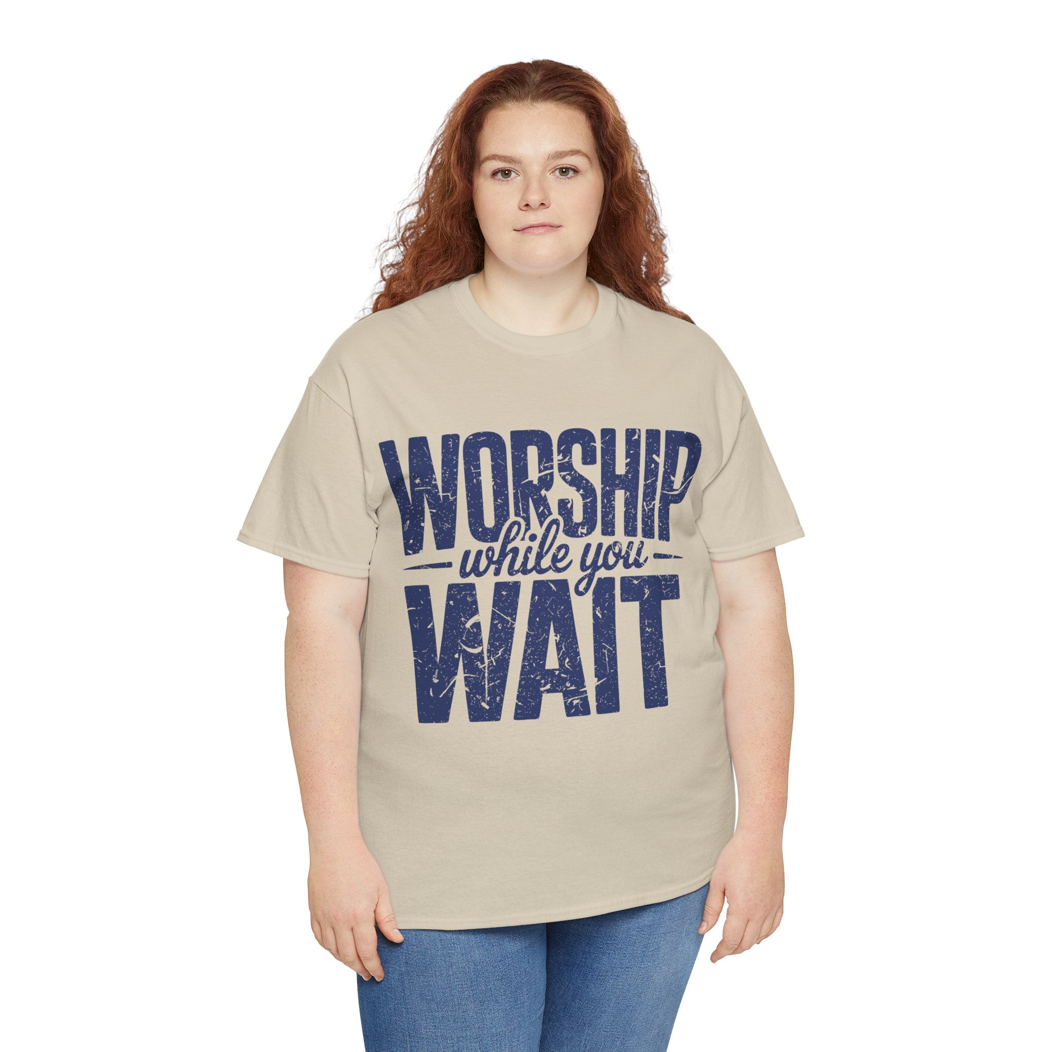 Worship While You Wait T‑Shirt — Distressed Pastel Blue Faith Unisex Cotton Tee