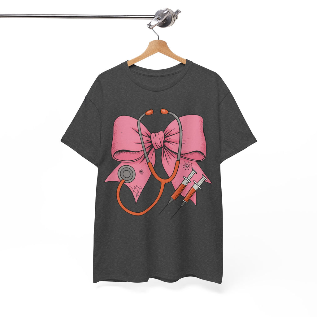 Halloween Nurse T‑Shirt — Pink Nurse Bow with Stethoscope, Syringes & Spider Webs..Unisex Cotton Tee