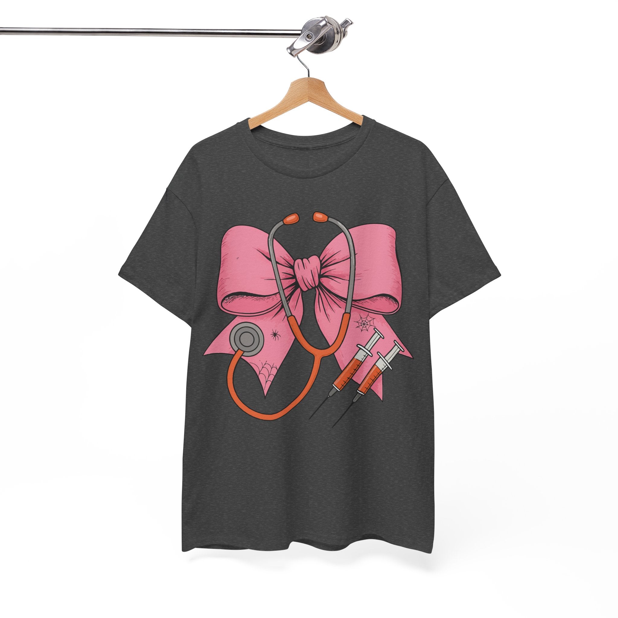 Halloween Nurse T‑Shirt — Pink Nurse Bow with Stethoscope, Syringes & Spider Webs..Unisex Cotton Tee