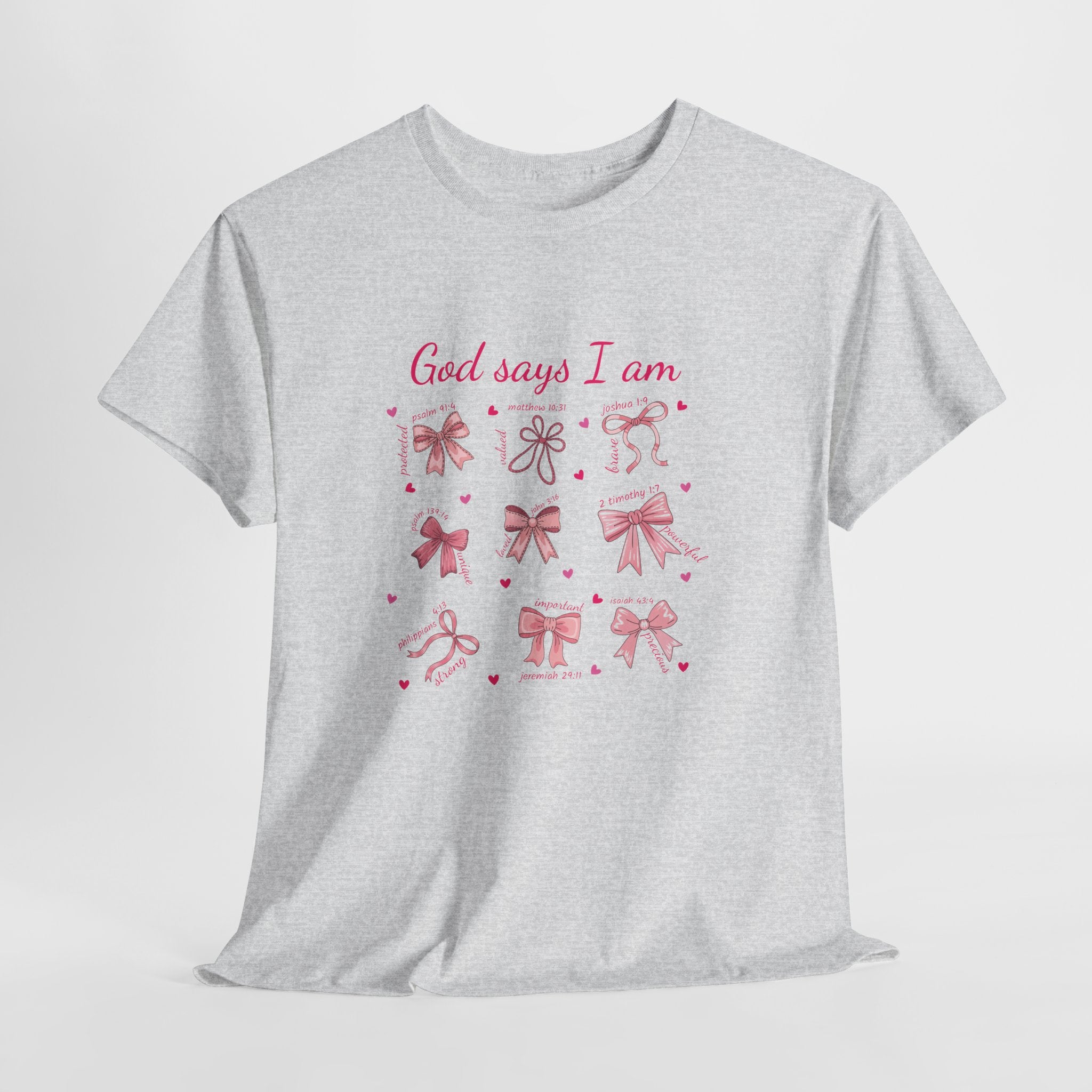 God Says I Am Pink Bow Tee — Faith-Based 'Loved, Brave, Strong' Unisex Cotton Shirt