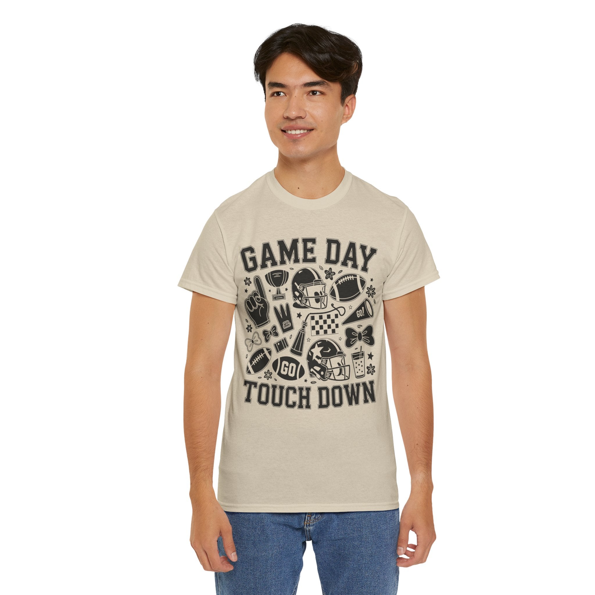Game Day Touch Down Football T‑Shirt — Helmet & Cheer Monochrome Design Unisex Cotton Tee