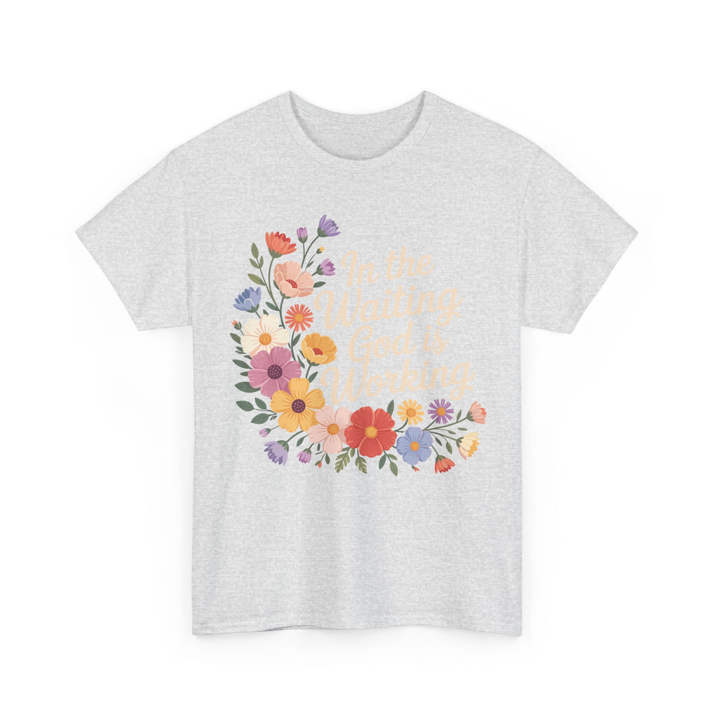 Pastel Floral “In the Waiting God Is Working” Unisex Cotton T-Shirt