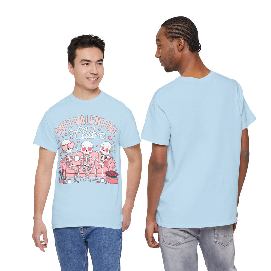 Anti-Valentine Club Skeleton Tee — Anti-Romance Pink Couch Graphic Unisex Cotton T-Shirt