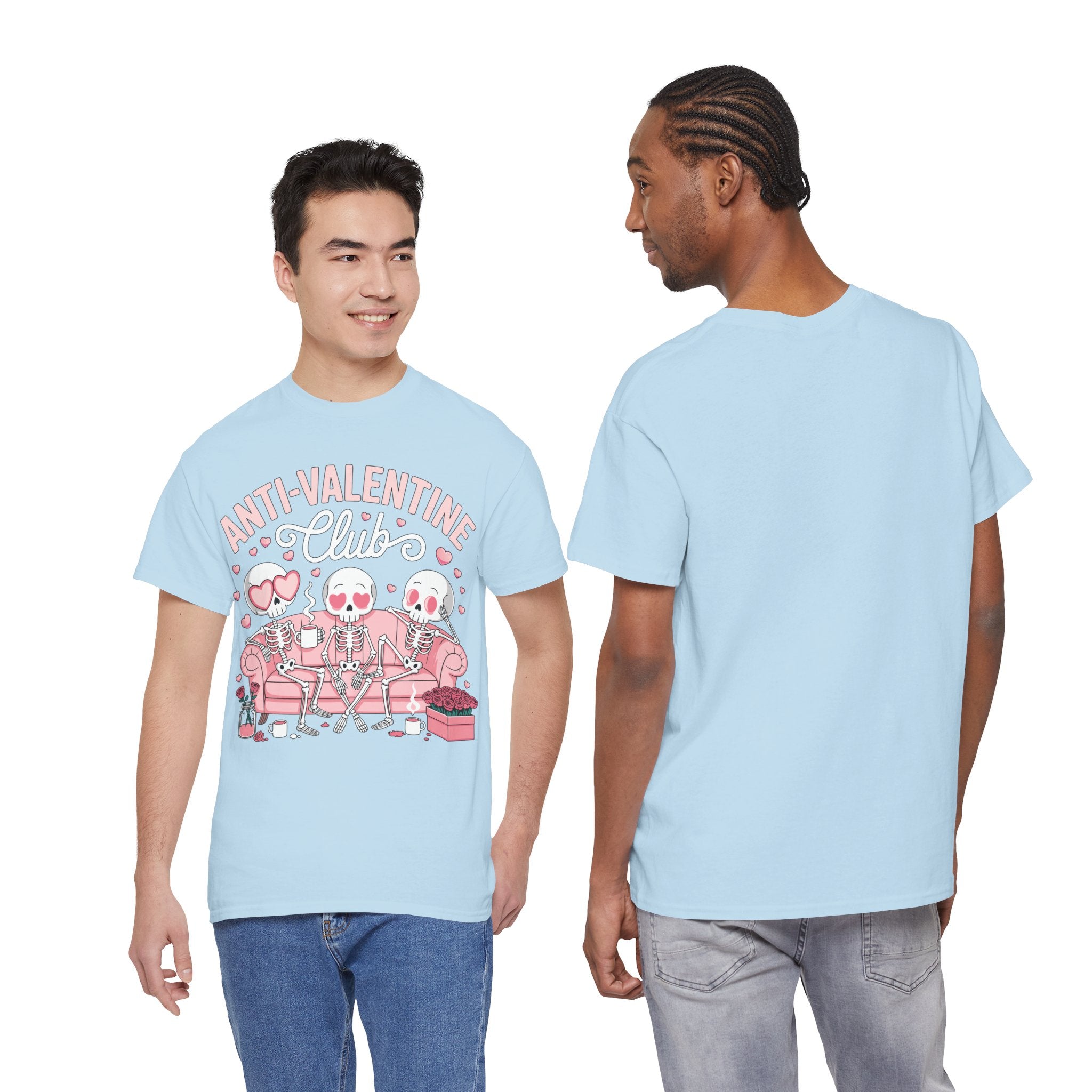 Anti-Valentine Club Skeleton Tee — Anti-Romance Pink Couch Graphic Unisex Cotton T-Shirt