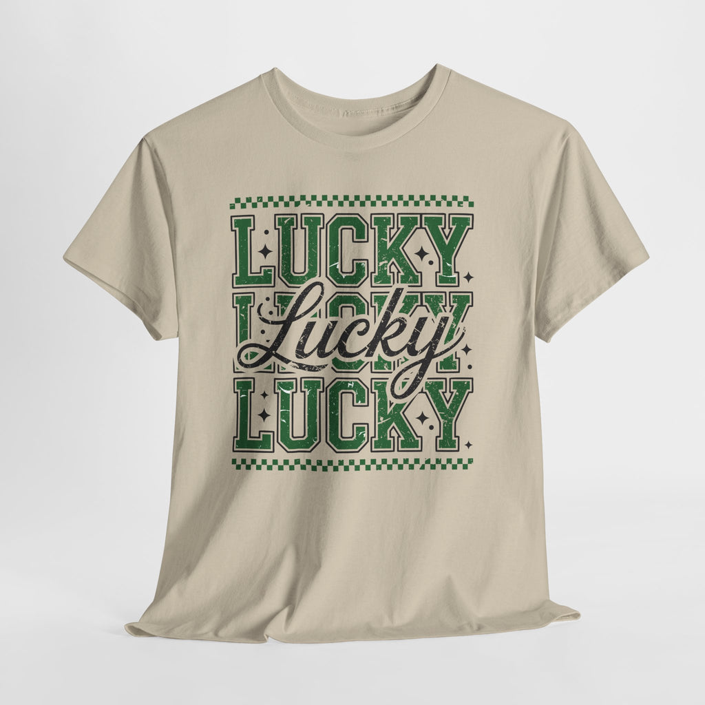Lucky Varsity Tee — Layered Green ‘Lucky’ Graphic Unisex Cotton Tee