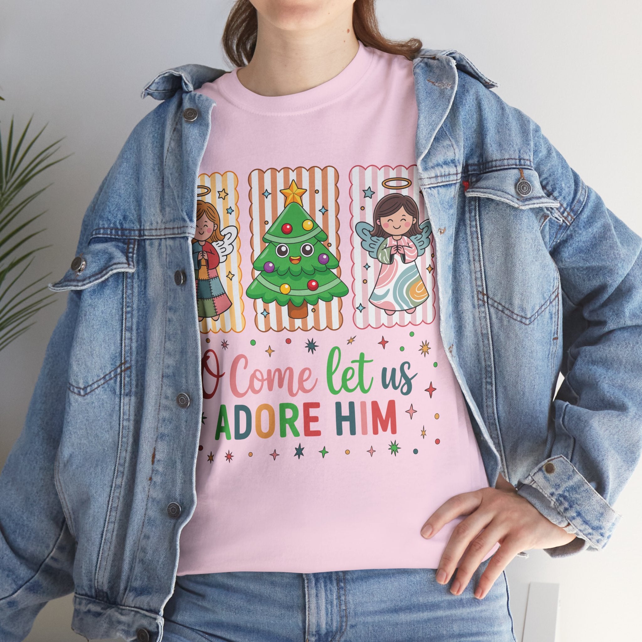 O Come Let Us Adore Him Christmas Tee — Smiling Angels & Happy Tree..Unisex Cotton Tee
