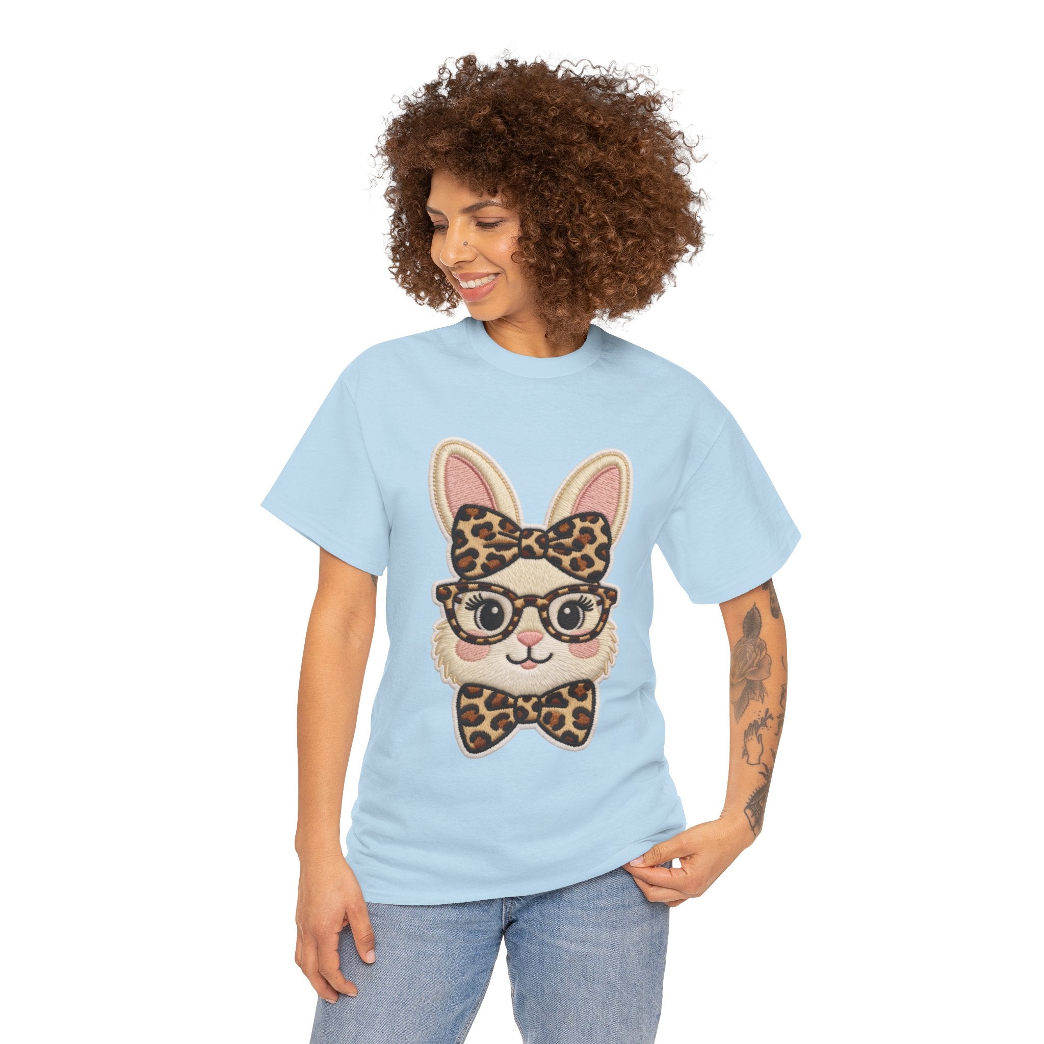 Leopard Bow Bunny Embroidered Tee — Cute Bunny Face with Glasses Patch Unisex Cotton Tee