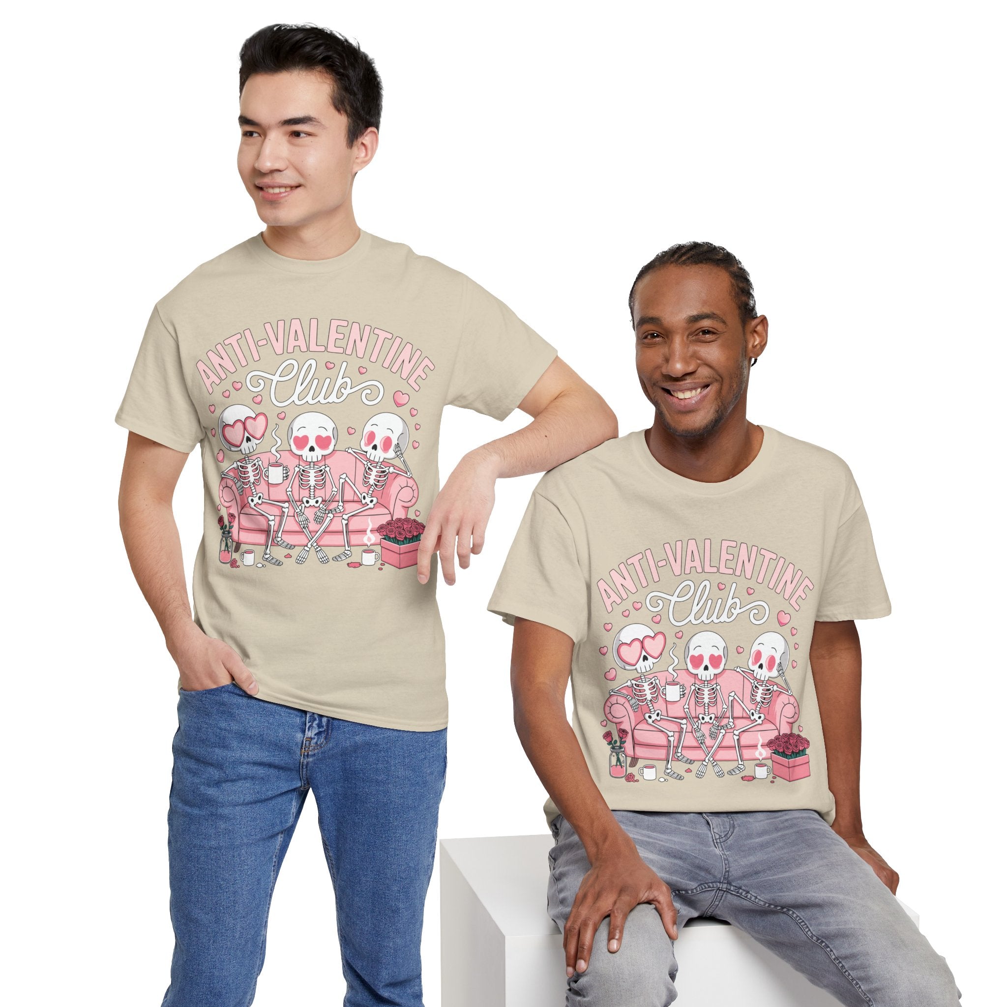Anti-Valentine Club Skeleton Tee — Anti-Romance Pink Couch Graphic Unisex Cotton T-Shirt
