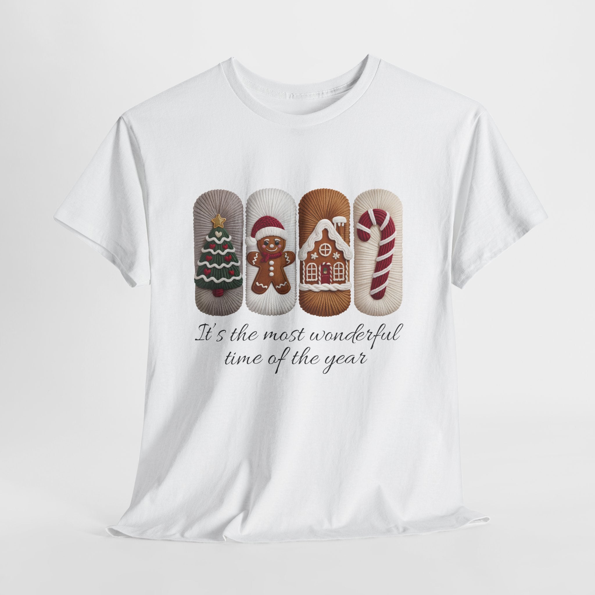 Christmas Faux-Yarn Tree Tee — Gingerbread House & Candy Cane Holiday Unisex Cotton T-Shirt
