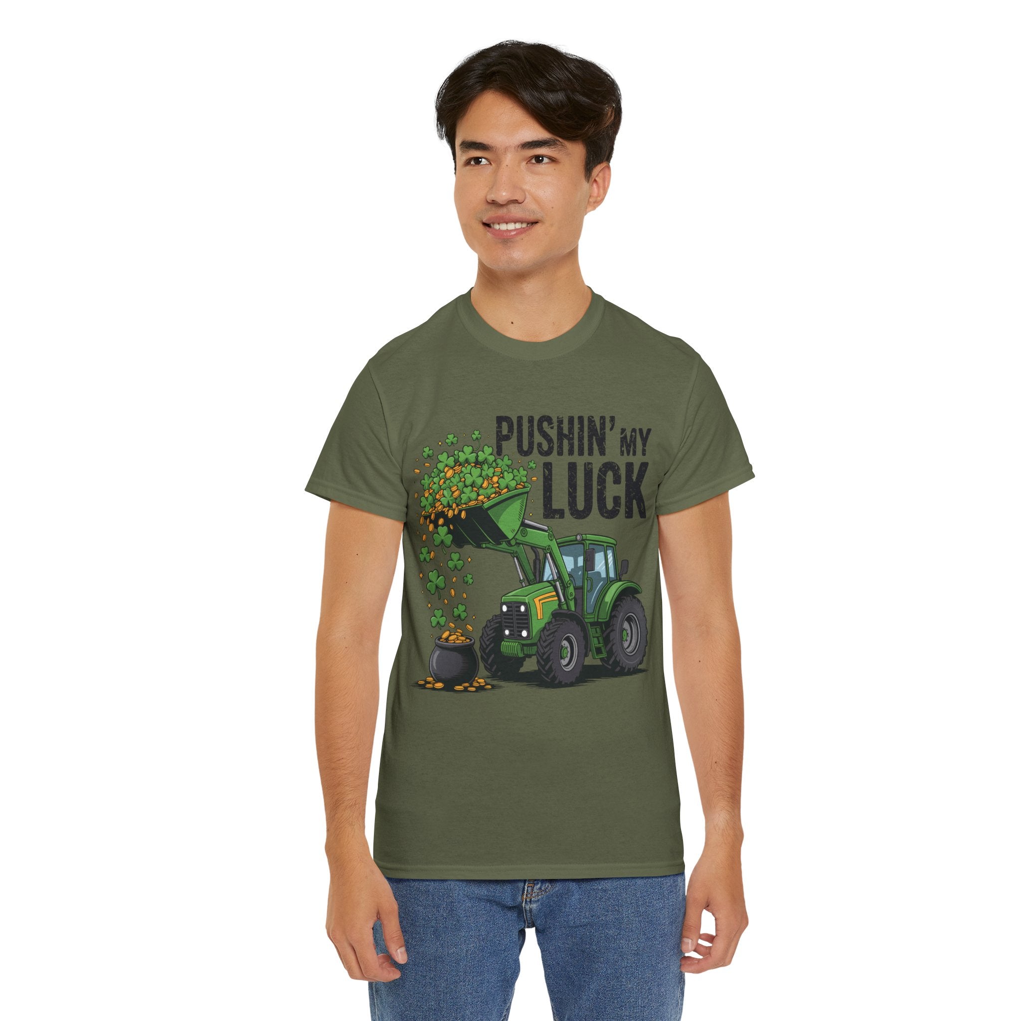 Pushin' My Luck Shamrock Tractor Tee — St. Patrick's Day Unisex Cotton T-Shirt
