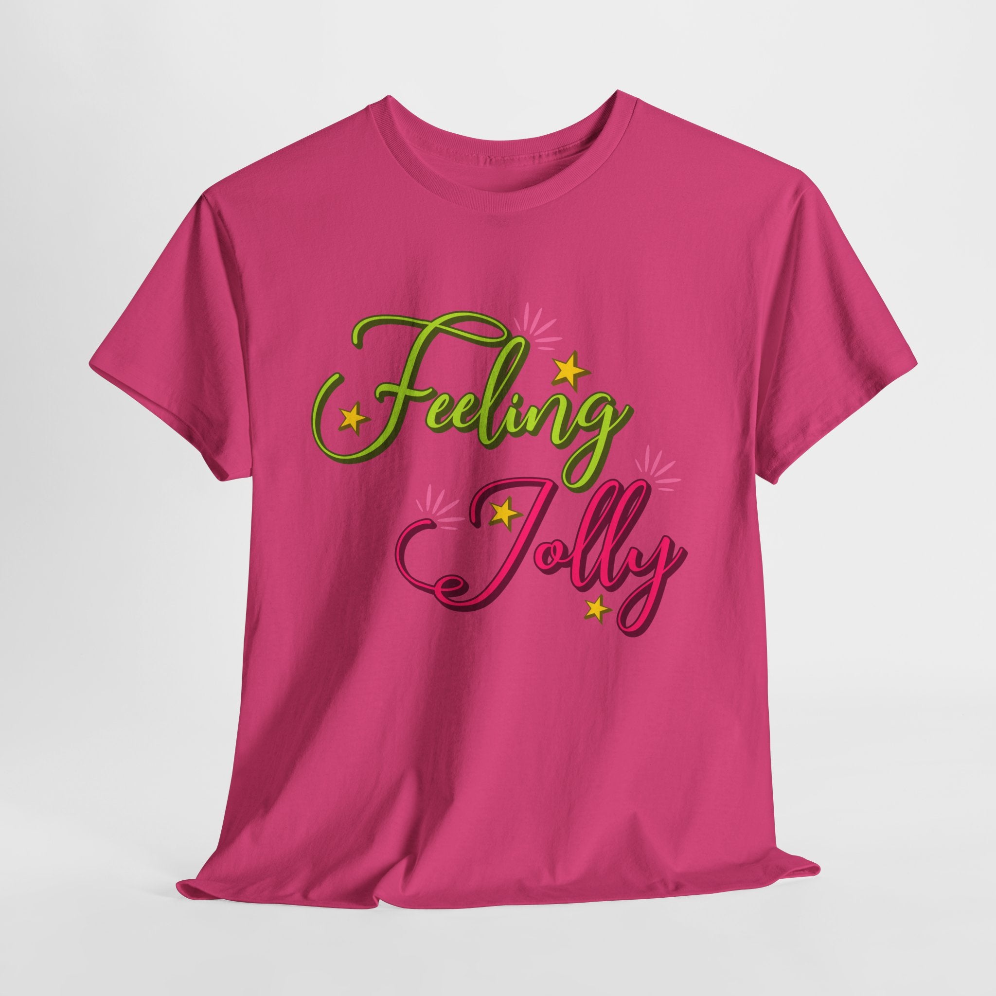 Feeling Jolly Tee — Festive Green & Pink Script with Yellow Stars Unisex Cotton Tee