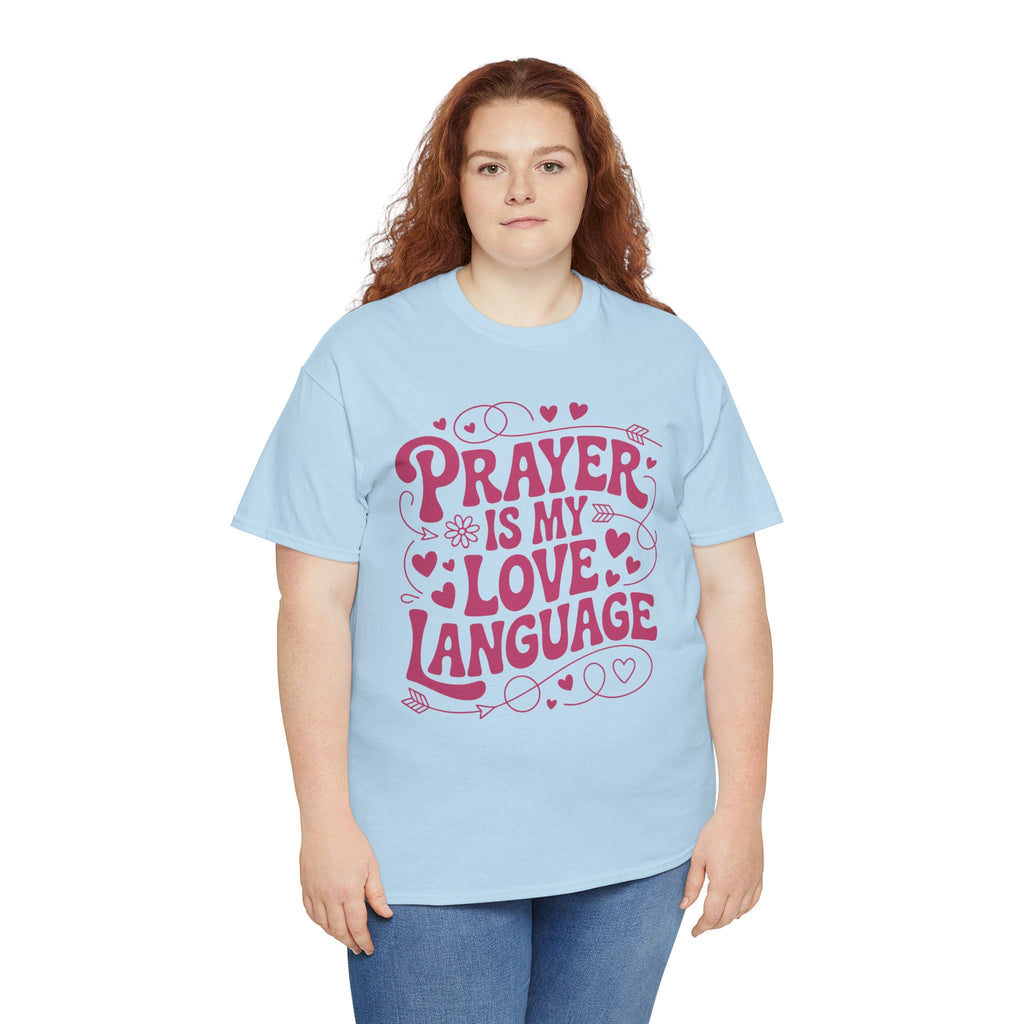 Prayer Is My Love Language Christian Tee — Pastel Pink Hearts Unisex Cotton Tee