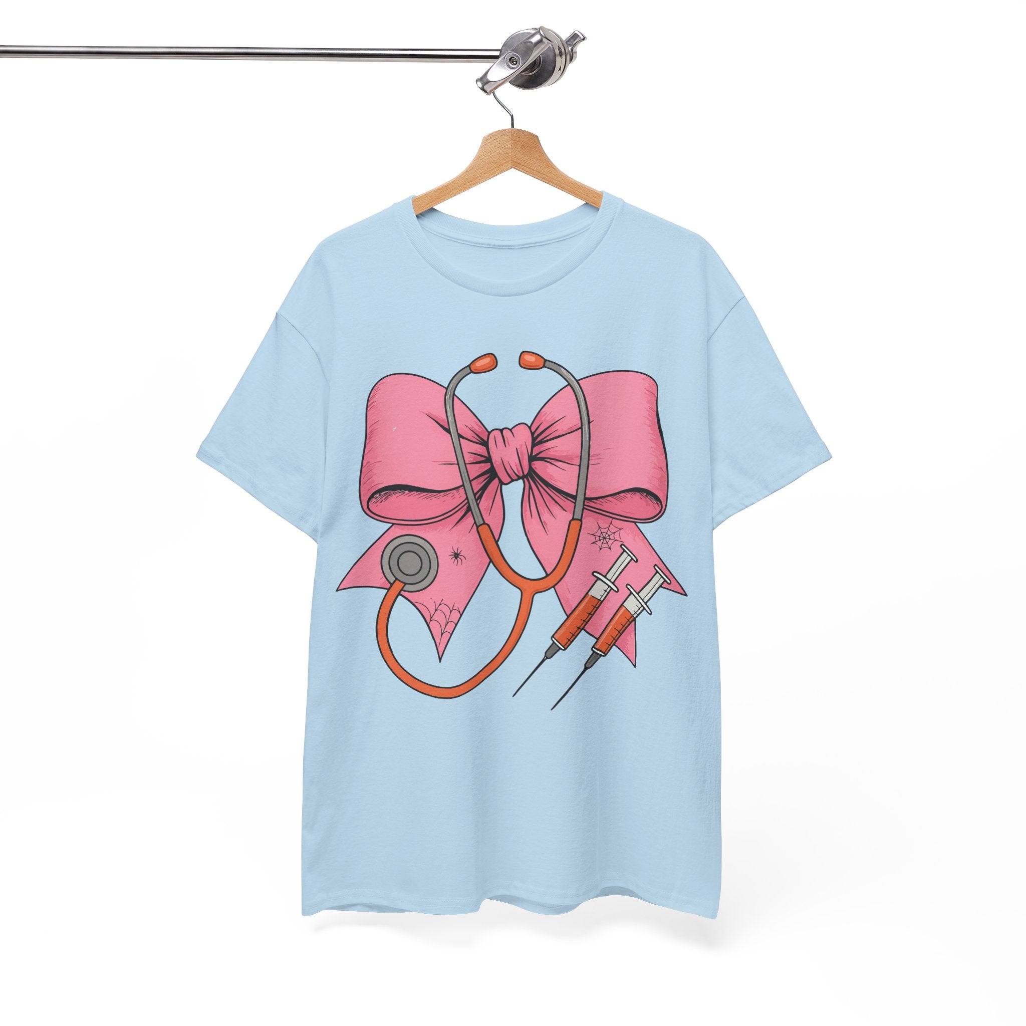 Halloween Nurse T‑Shirt — Pink Nurse Bow with Stethoscope, Syringes & Spider Webs..Unisex Cotton Tee