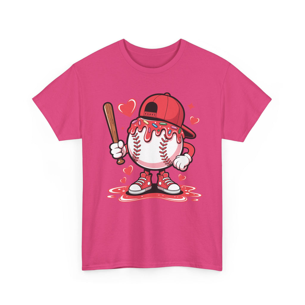Cute Baseball Character T-Shirt — Red Cap & Icing Top Graphic with Hearts Unisex Cotton Tee