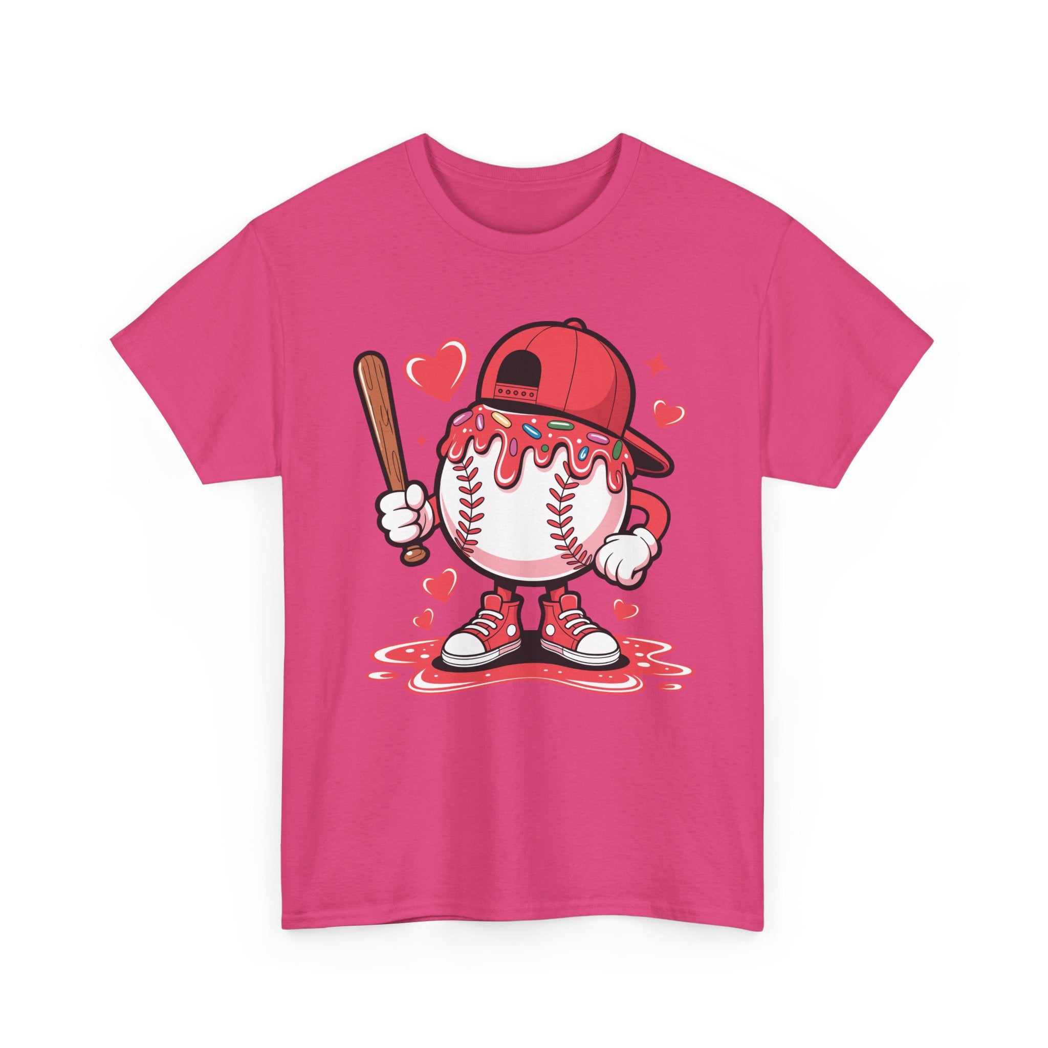 Cute Baseball Character T-Shirt — Red Cap & Icing Top Graphic with Hearts Unisex Cotton Tee