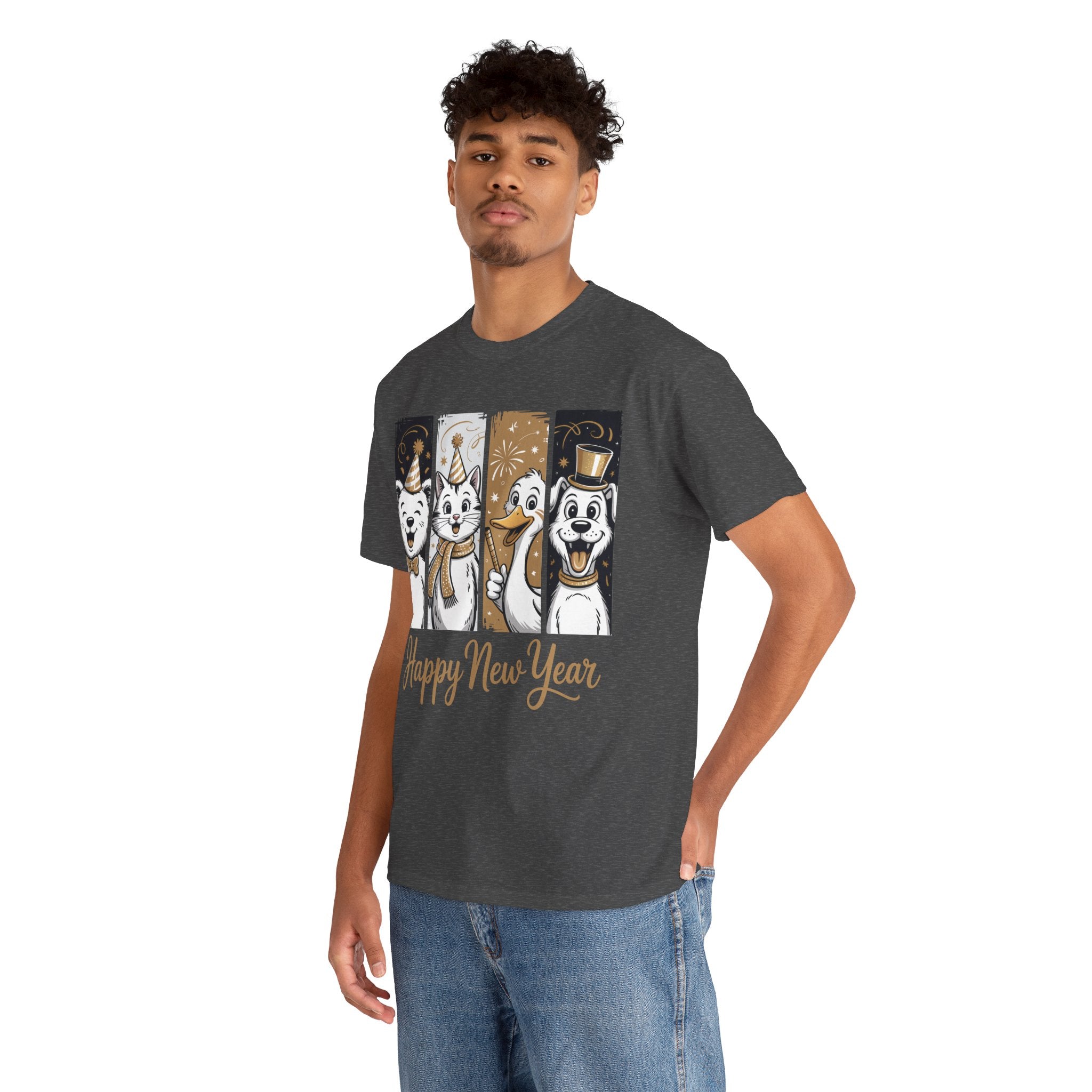 Happy New Year Party Animals T-Shirt — Cute Smiling Animals in Party Hats & Gold Fireworks..Unisex Cotton Tee