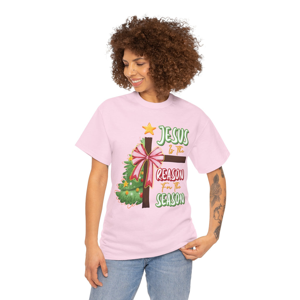 Jesus Is the Reason for the Season Christmas Tee — Cross with Pink Bow & Tree. Unisex Cotton Tee