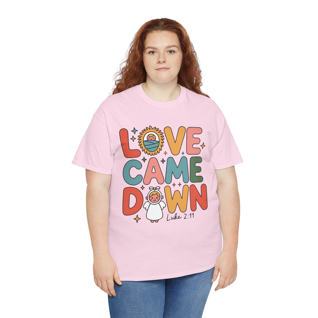 Love Came Down Christmas Tee — Baby Jesus Manger Angel (Luke 2:11)..Unisex Cotton Tee