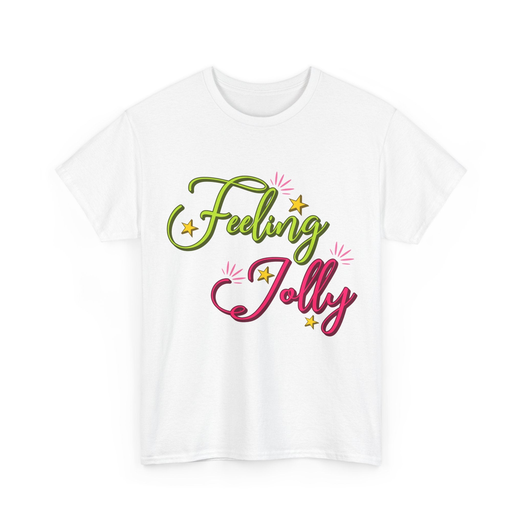 Feeling Jolly Tee — Festive Green & Pink Script with Yellow Stars Unisex Cotton Tee