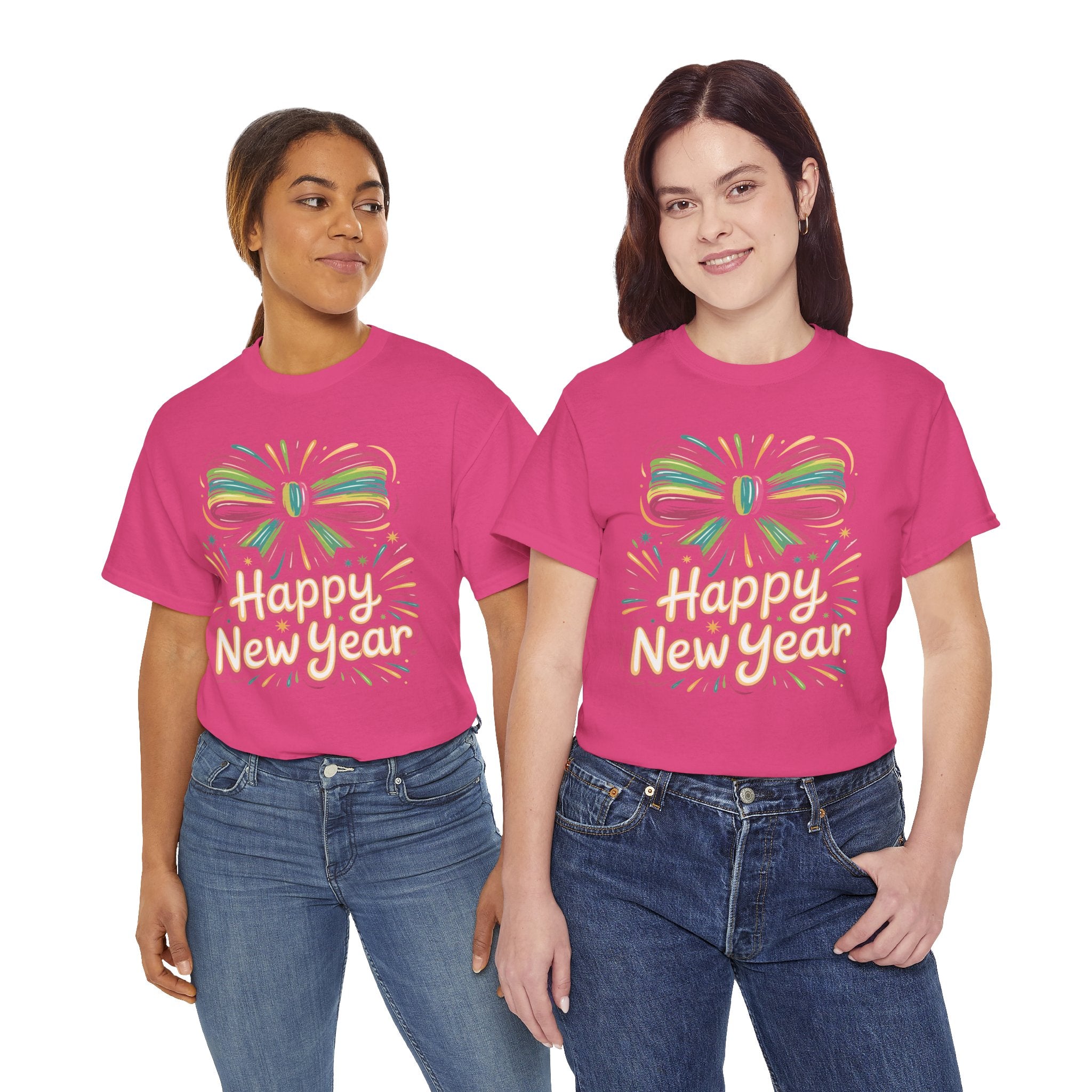 Happy New Year Pastel Tee — Rainbow Bow & Fireworks Celebration Unisex Cotton Tshirt