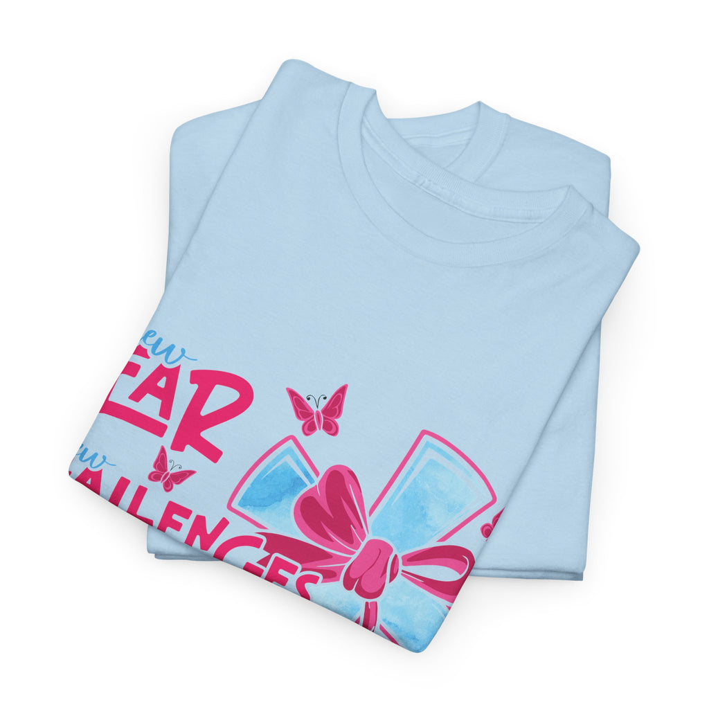 Christian T-Shirt — “New Year, New Challenges, Same Great God” with Pink Bow Cross & Butterflies. Unisex Cotton Tee